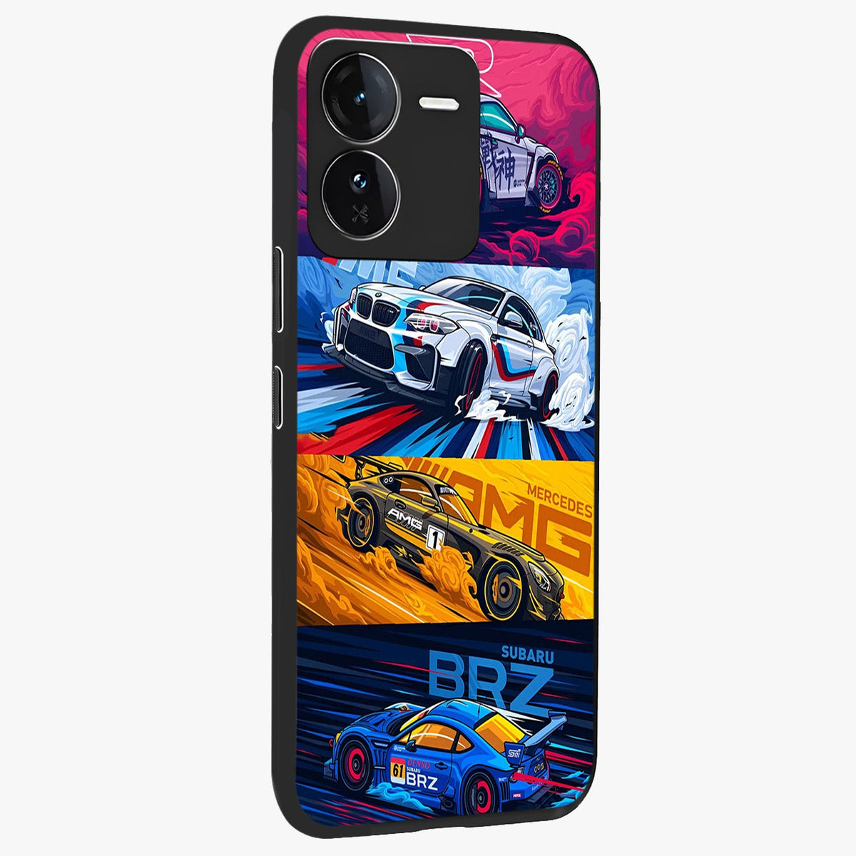 JDM Sports Car Glass Case upright view showcasing dynamic sports car artwork with bold racing theme.