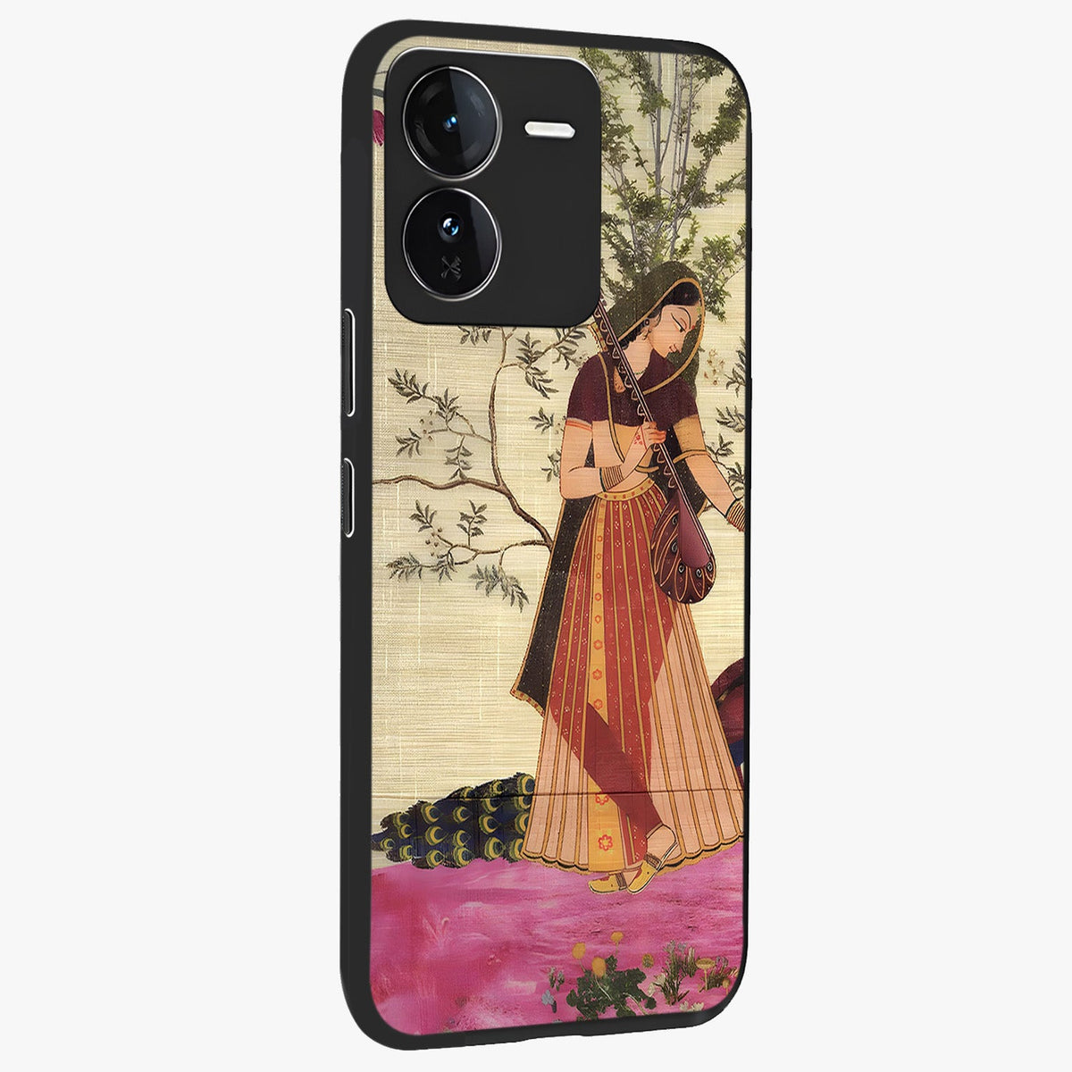 Lady With Veena Art Glass Case upright view showcasing classical veena artwork with traditional artistic theme.