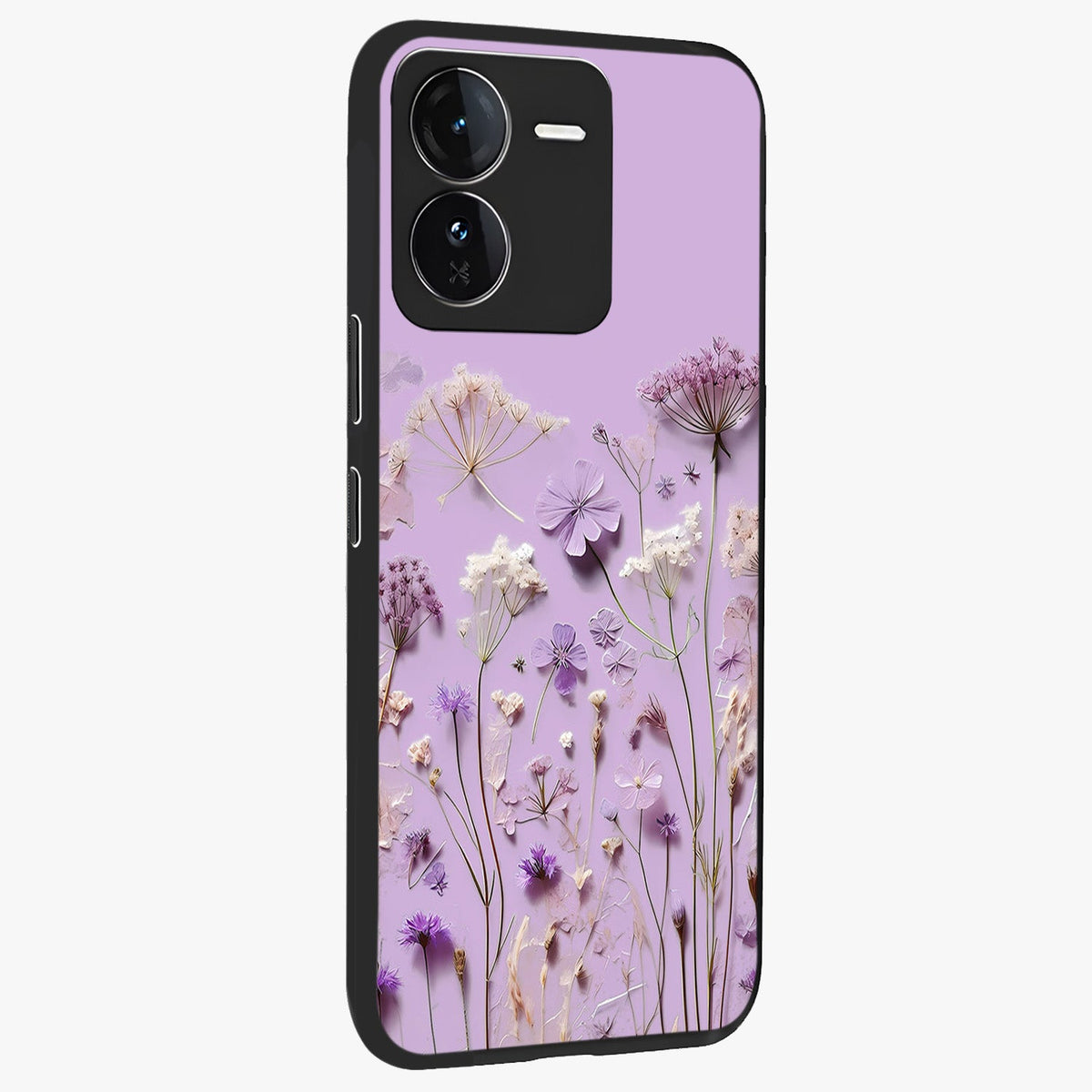 Lavender Blossom Dream Glass Case upright view showcasing delicate lavender blossom artwork with peaceful floral theme.