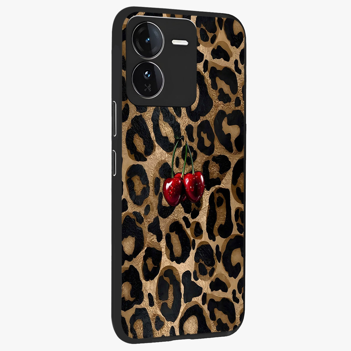 Leopard Wild Cherry Glass Case upright view showcasing stylish leopard pattern artwork with trendy fashion theme.
