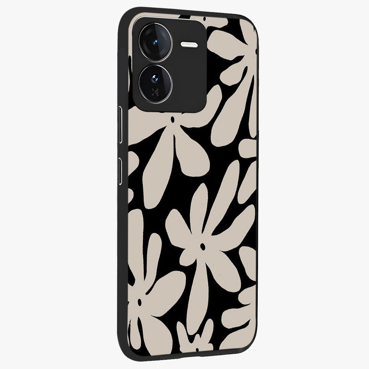 Monochrome Petal Dance Glass Case upright view showcasing artistic floral pattern with stylish monochrome theme.
