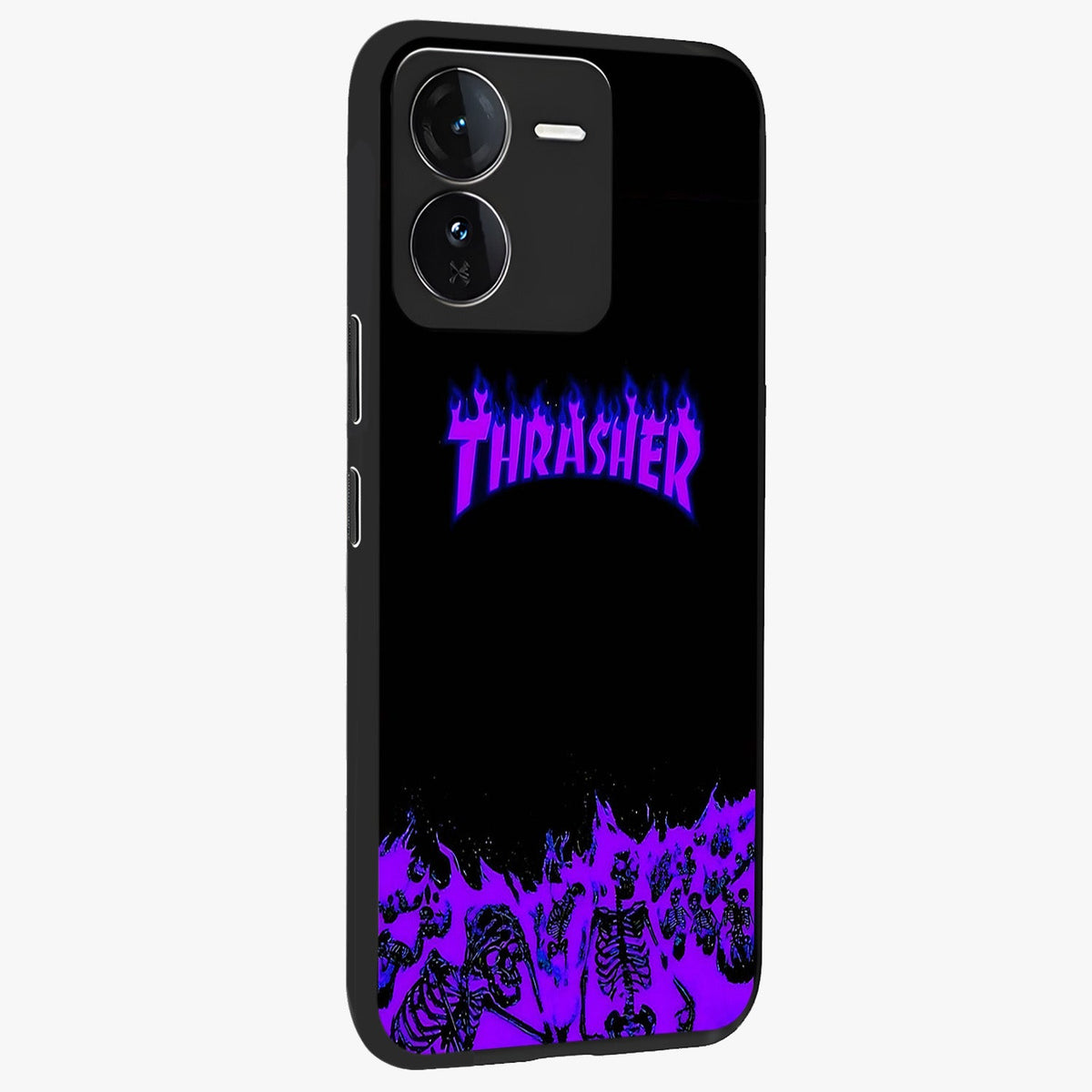 Neon Flame Riot Glass Case upright view showcasing dynamic flame artwork with energetic neon theme.