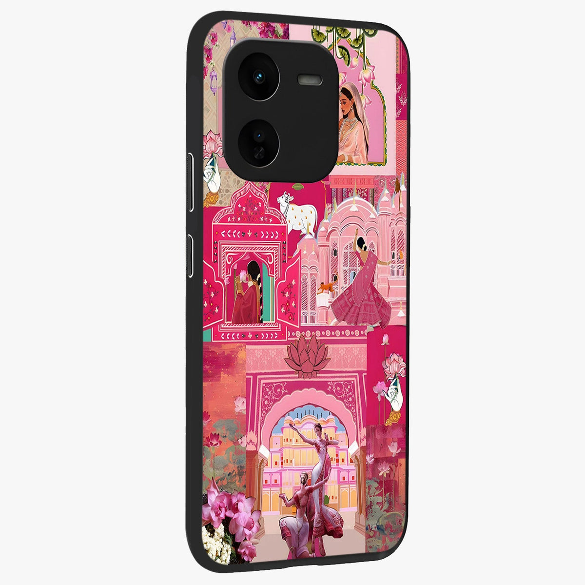 Blossoms of Rajasthan Glass Case upright view showcasing colorful floral design inspired by traditional Indian art.