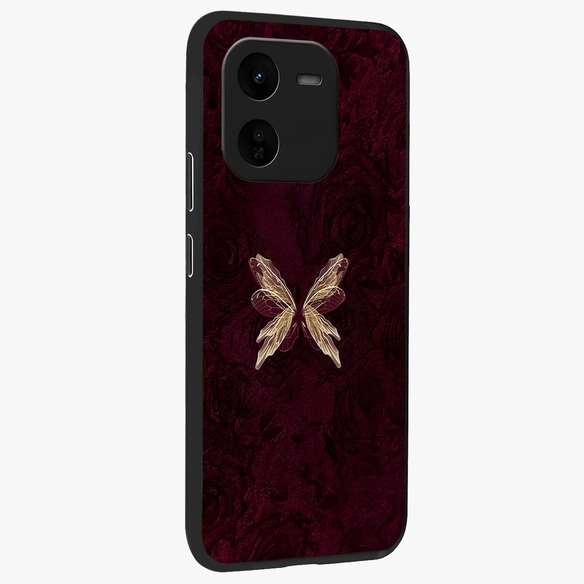 Crimson Fade Butterfly Glass Case upright view showcasing graceful butterfly artwork with soft crimson fade effect.