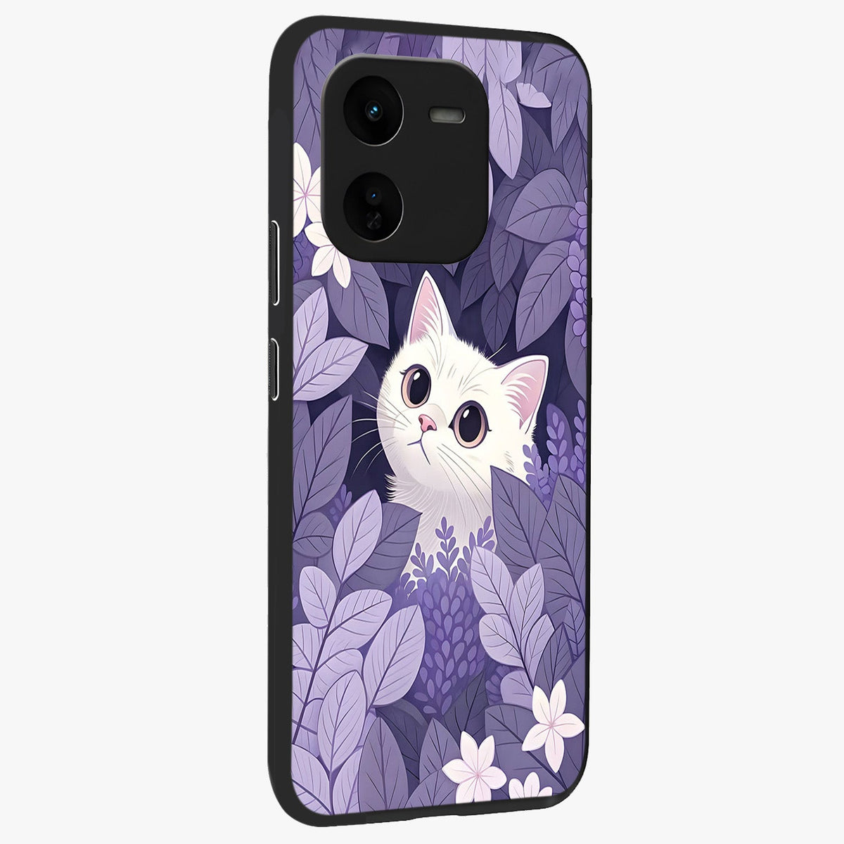 Lilac Hide Peek Cat Glass Case upright view showcasing charming cat artwork with adorable peek theme.