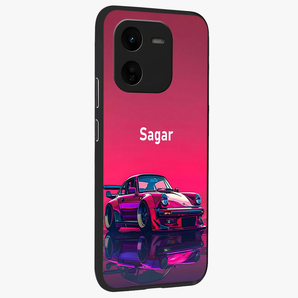 Neon Pink Porsche Glass Case upright view showcasing vibrant sports car artwork with bold automotive theme.