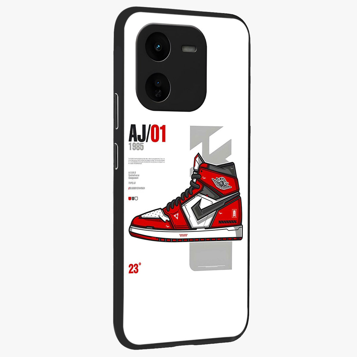 Retro Sneaker Blueprint Glass Case upright view showcasing stylish sneaker illustration with vintage streetwear theme.
