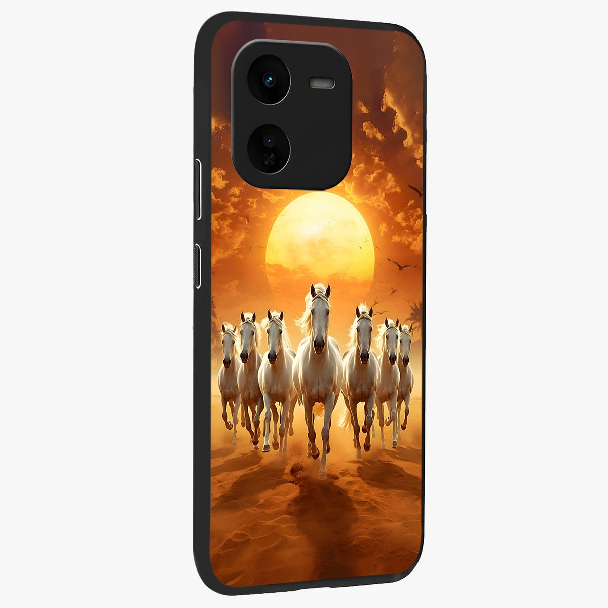 Wild Sunset Majesty Glass Case upright view showcasing dramatic sunset artwork with bold nature theme.