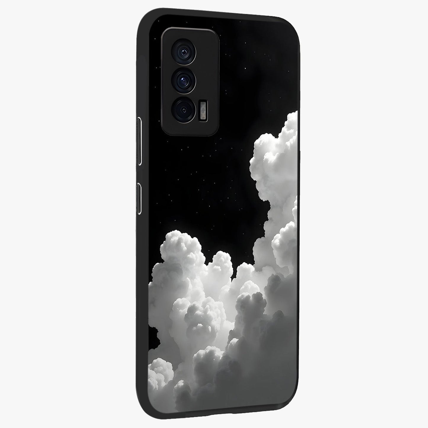 Black Background With White Cloud Glass Case upright view showcasing calm cloud aesthetic with modern minimal style.