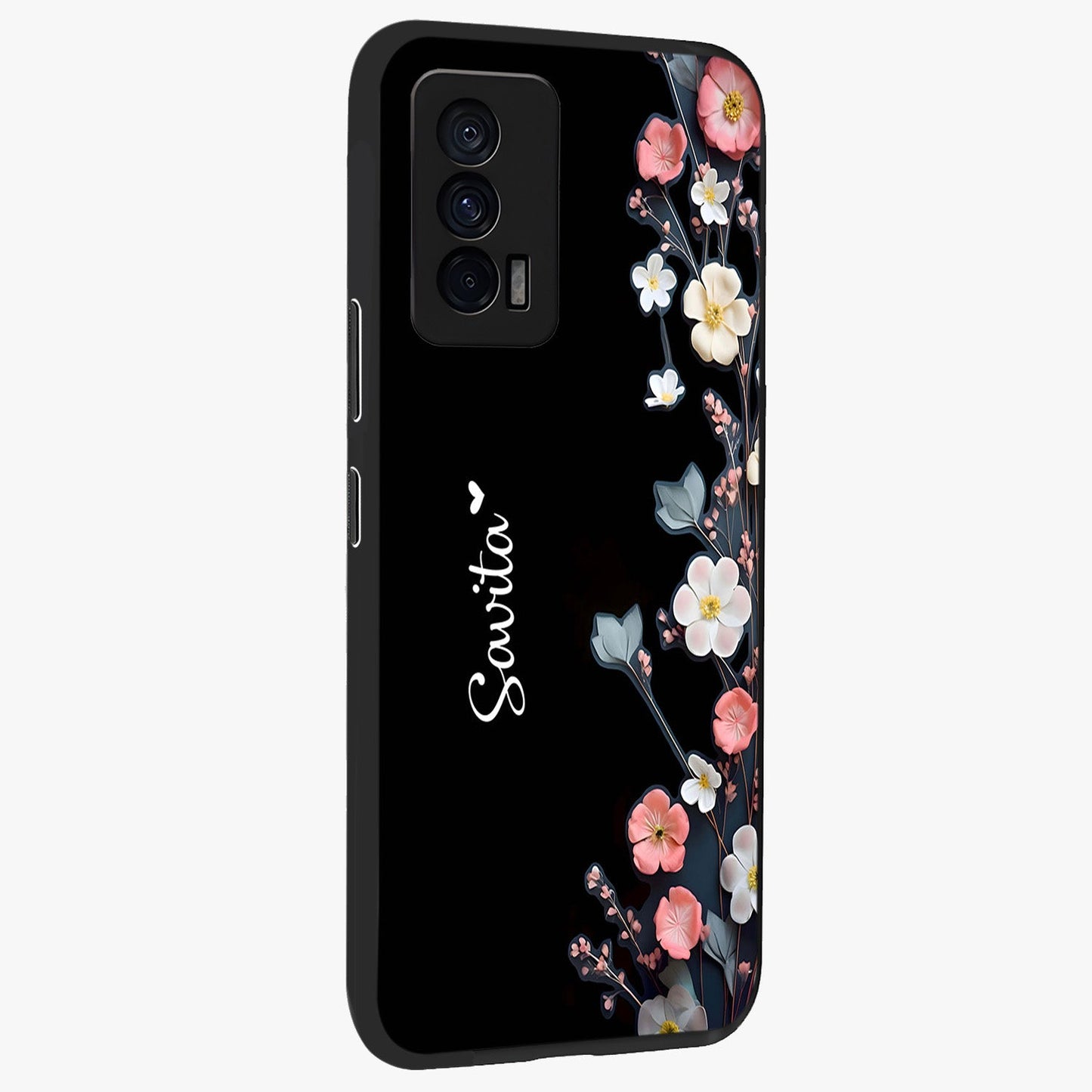 Black Elegance Floral Custom Name Glass Case upright view showcasing luxurious black floral design with personalized name detail.