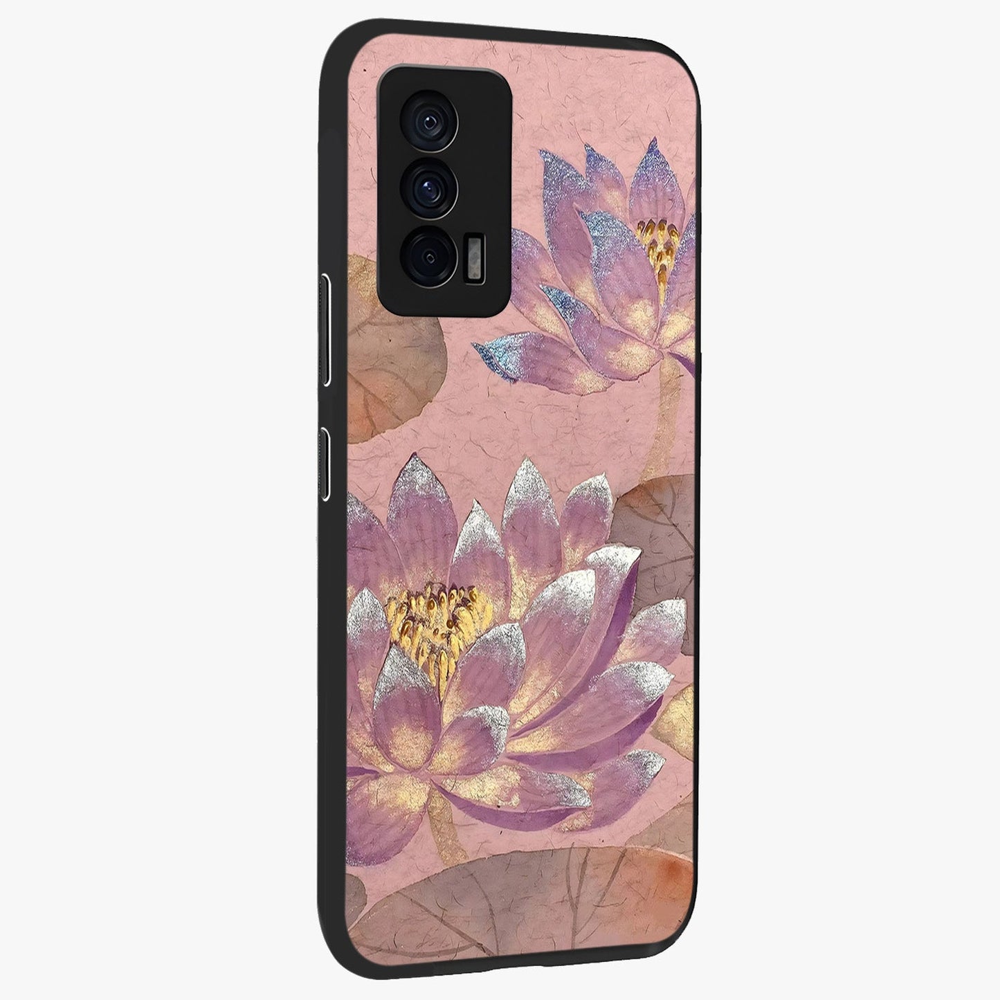 Blossom Mist Lotus Glass Case upright view showcasing graceful lotus flower design with peaceful botanical style.