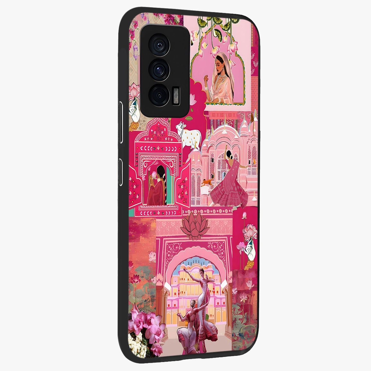 Blossoms of Rajasthan Glass Case upright view showcasing colorful floral design inspired by traditional Indian art.