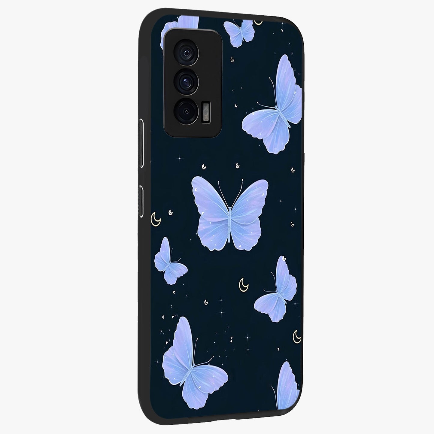 Butterfly With Stars Pattern Glass Case upright view showcasing celestial butterfly artwork with sparkling star elements.