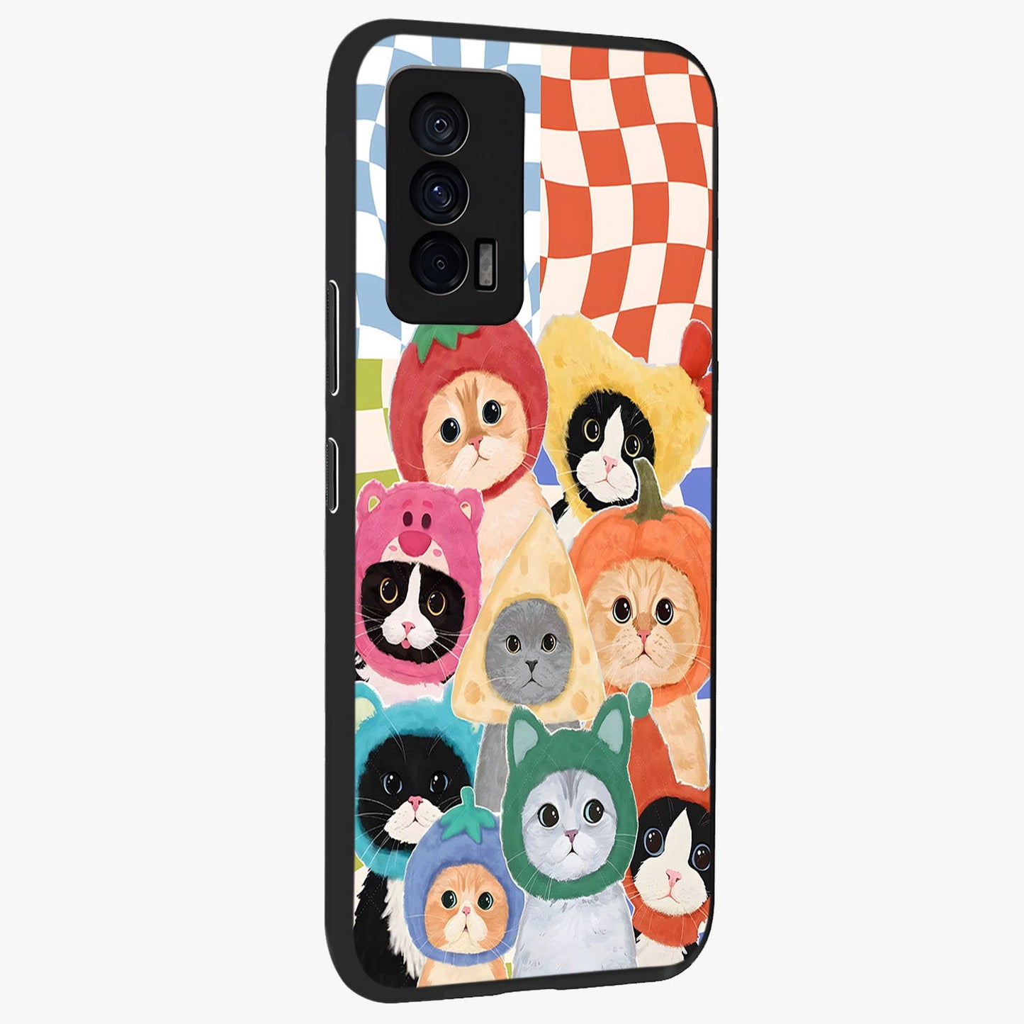 Cats in Fruits Glass Case upright view showcasing charming cat artwork with fun fruity theme.