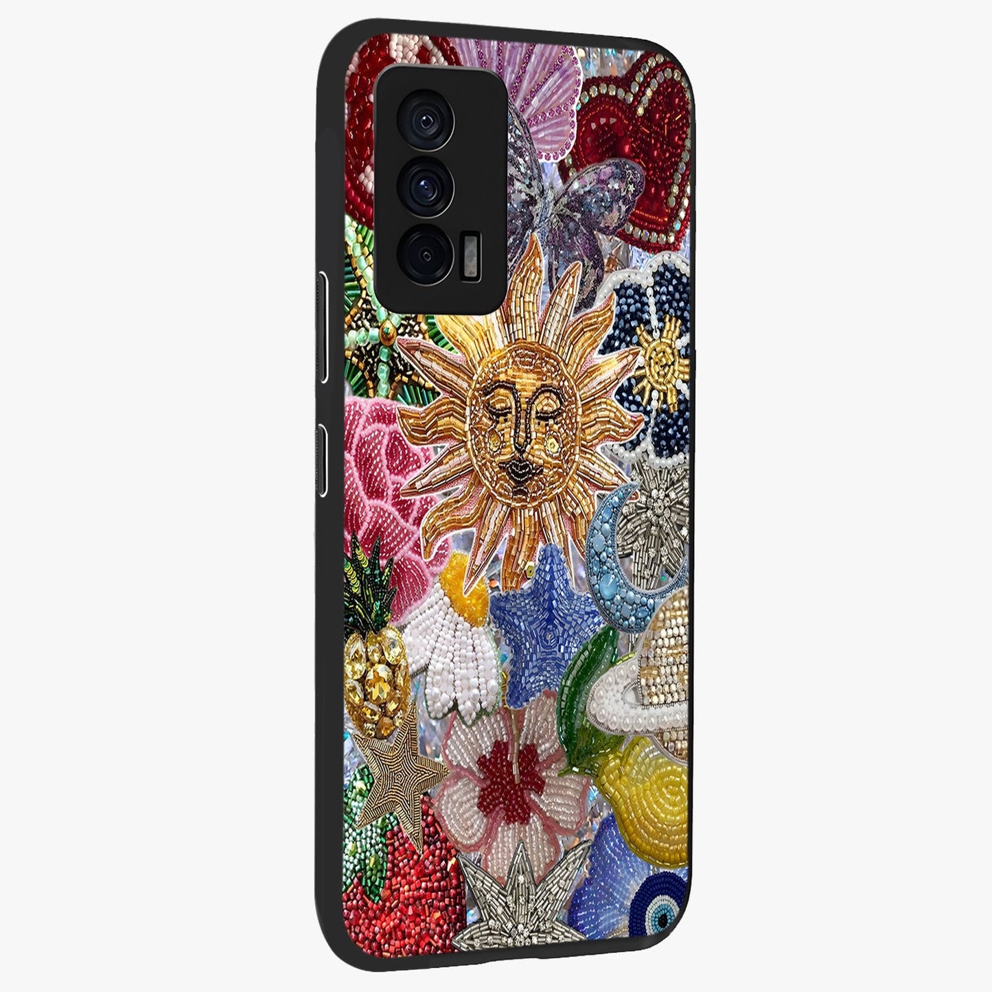 Celestial Floral and Playful Glass Case upright view showcasing whimsical floral artwork with cosmic aesthetic theme.