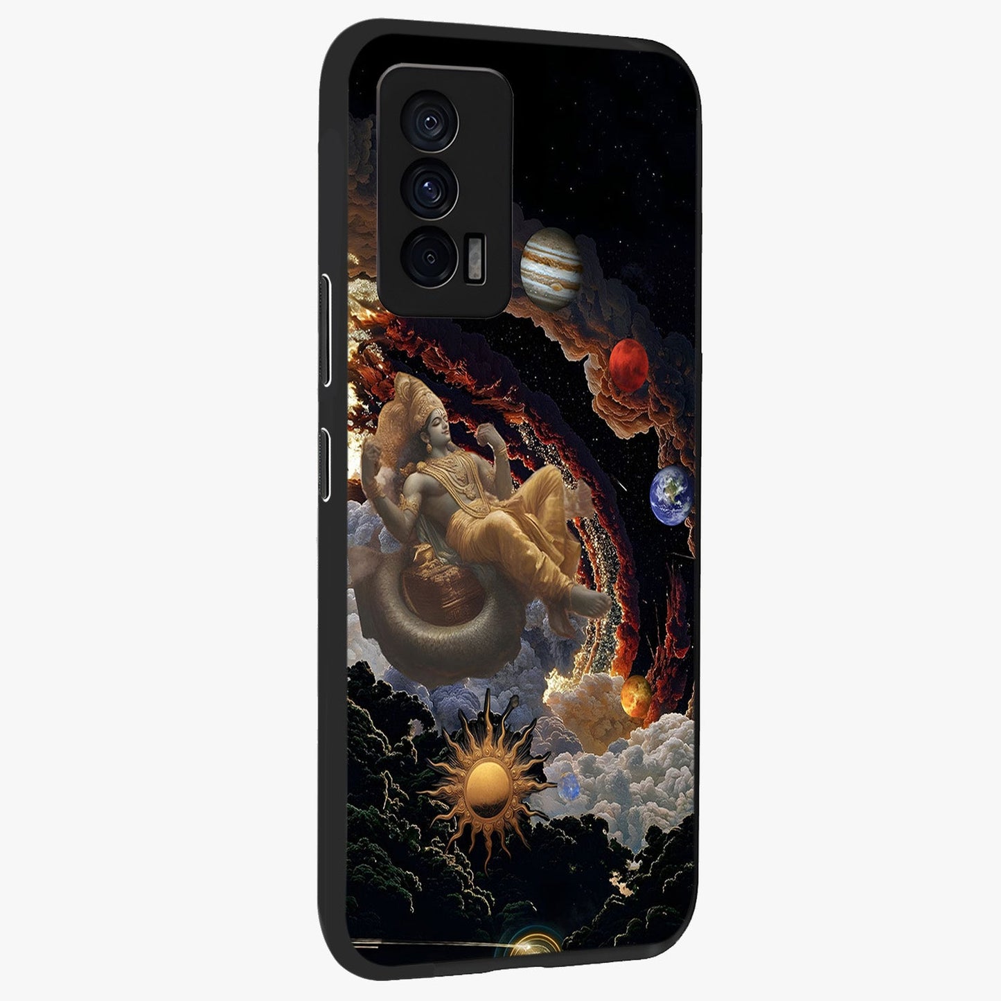 Galactic Divine God Glass Case upright view showcasing mystical divine artwork with dramatic cosmic theme.