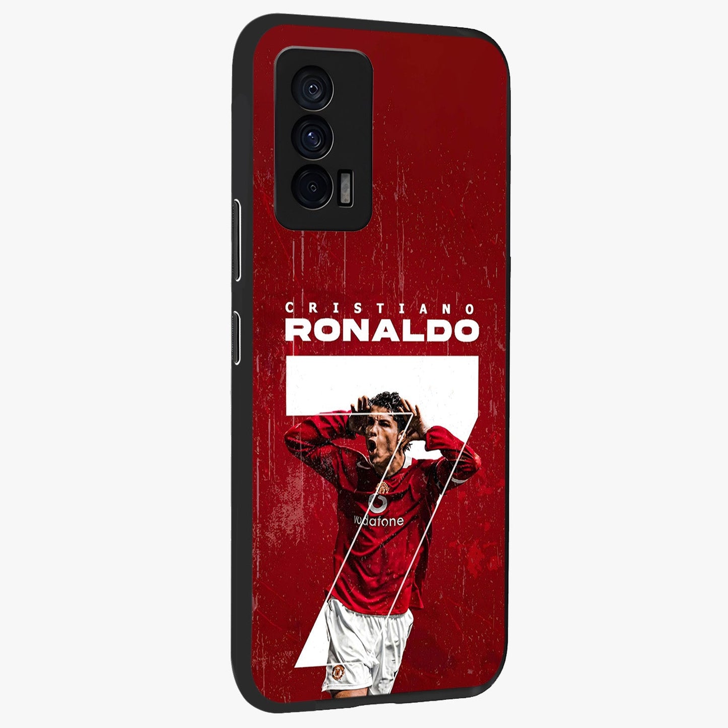 Goal Celebration Legacy Glass Case upright view showcasing dynamic football inspired artwork with victory celebration aesthetic.