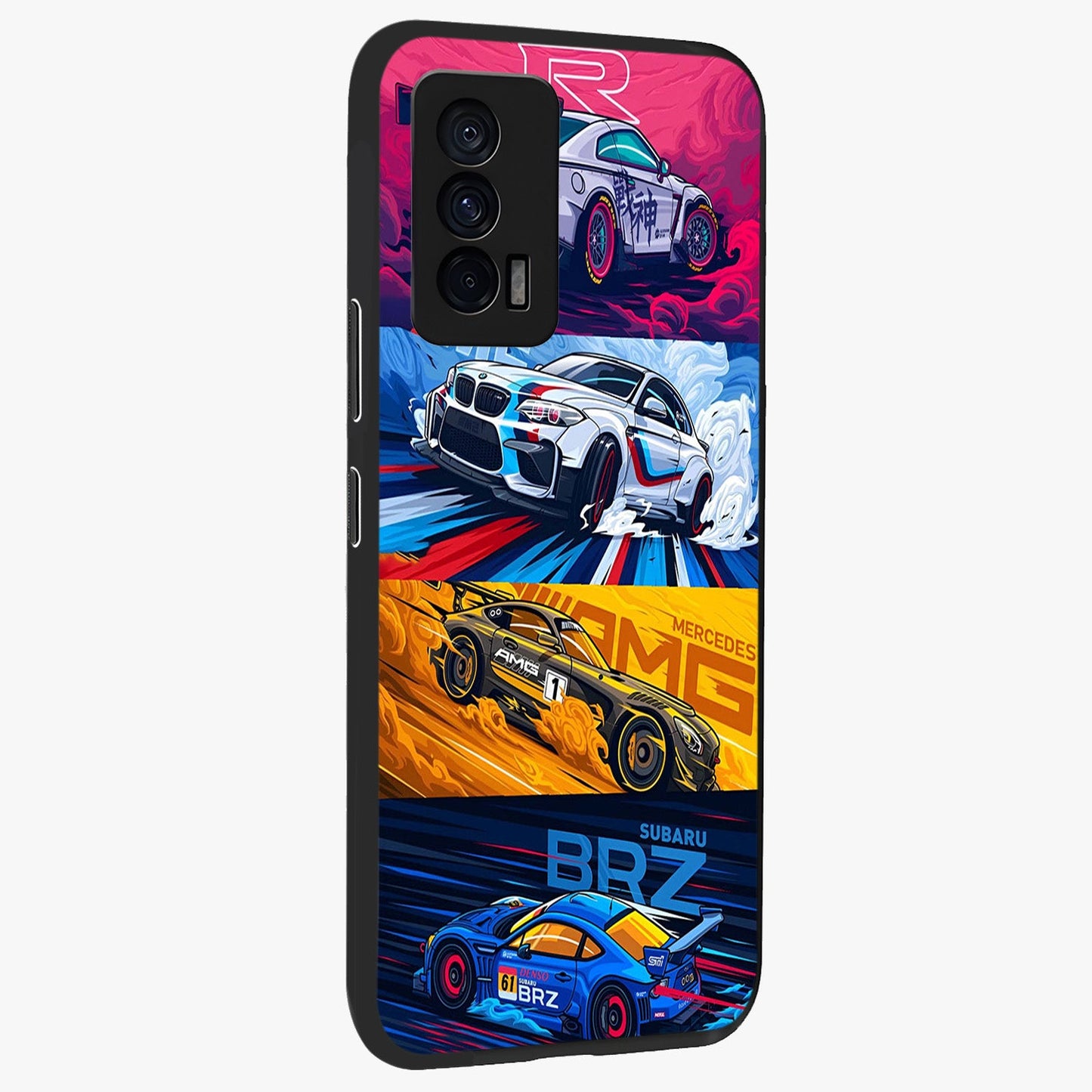 JDM Sports Car Glass Case upright view showcasing dynamic sports car artwork with bold racing theme.