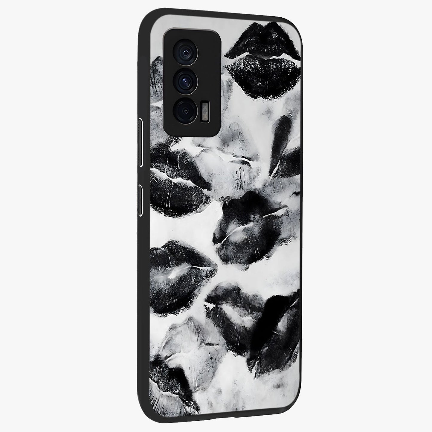 Midnight Kiss Marks Glass Case upright view showcasing stylish kiss mark artwork with trendy romantic theme.