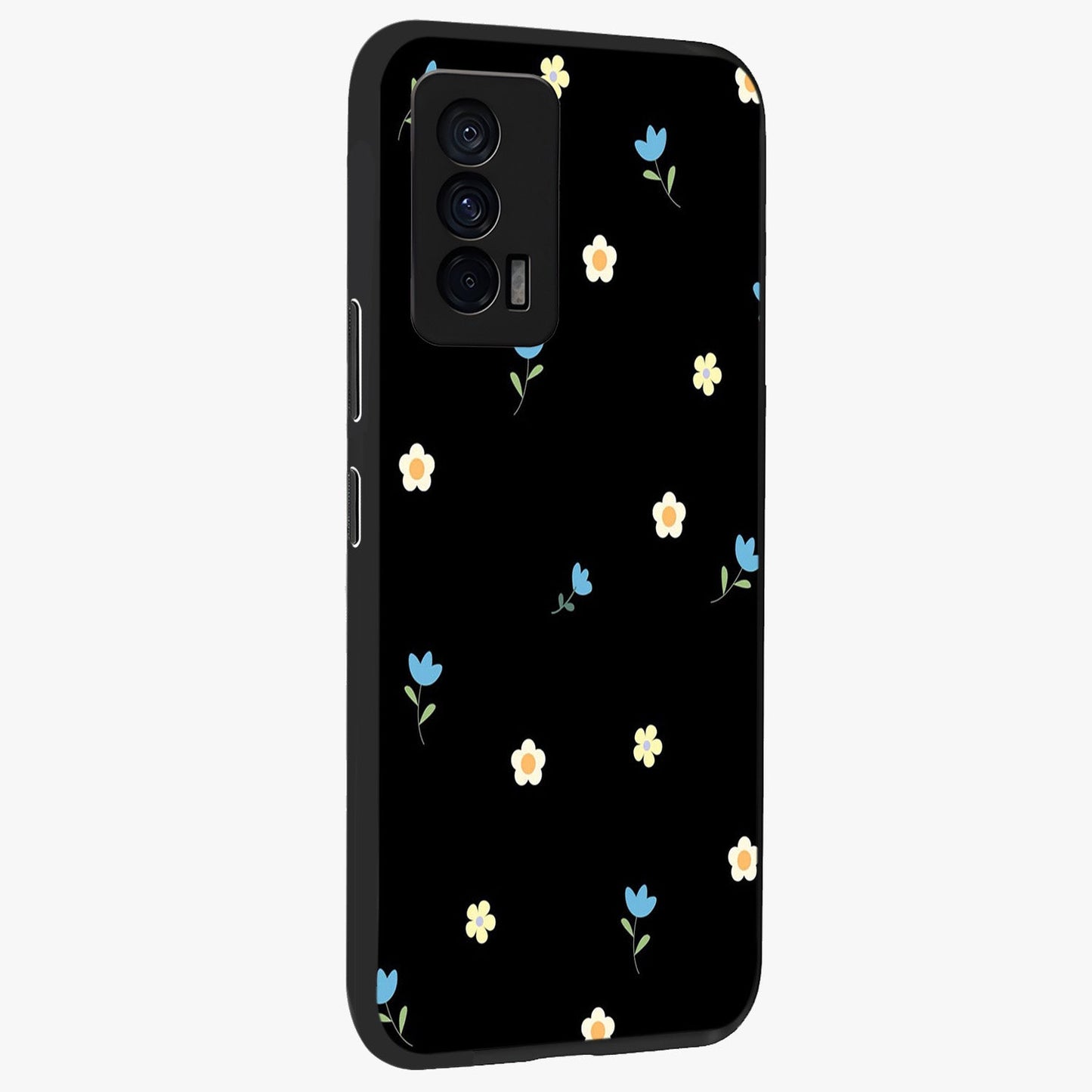 Minimal Petal Whispers Glass Case upright view showcasing elegant floral artwork with modern minimalist style.