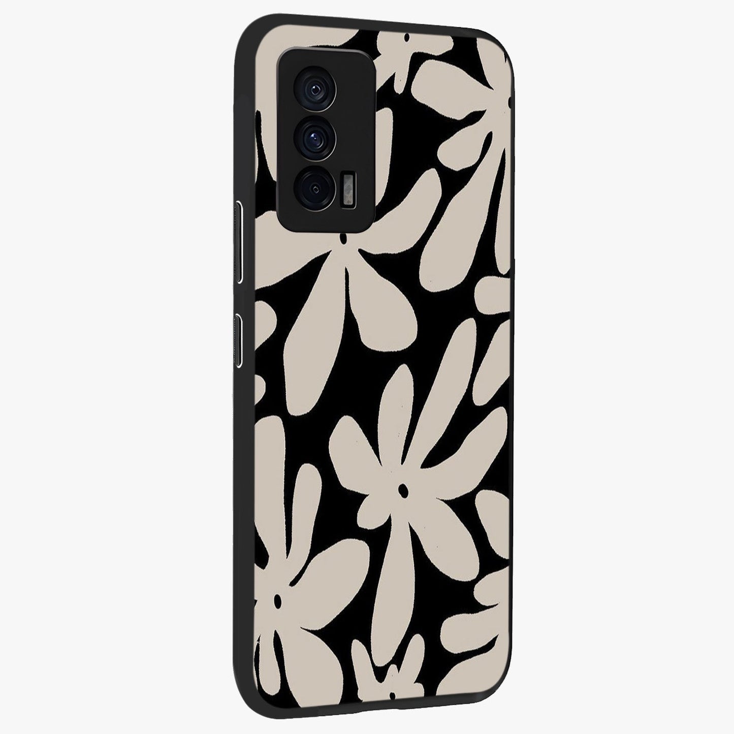 Monochrome Petal Dance Glass Case upright view showcasing artistic floral pattern with stylish monochrome theme.