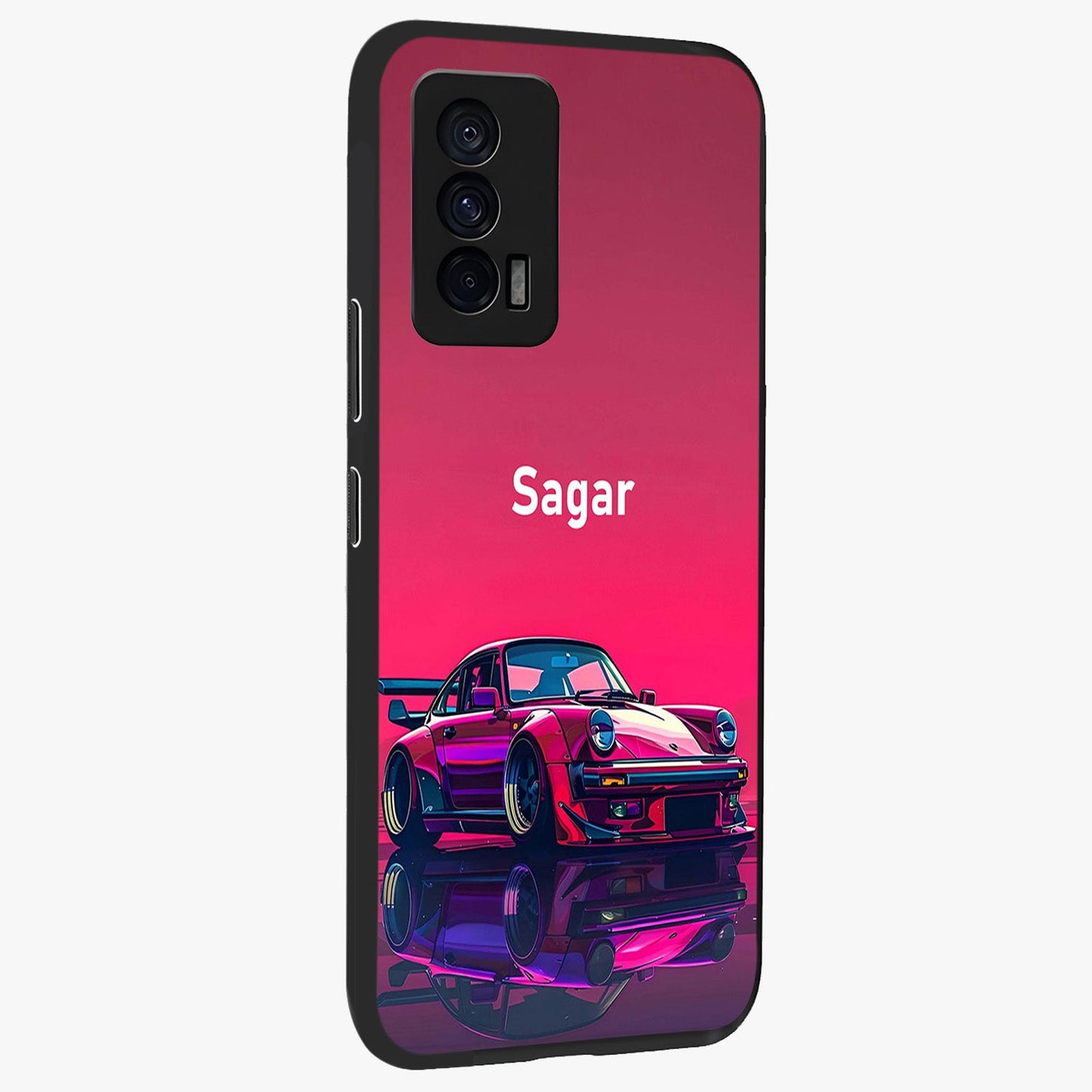 Neon Pink Porsche Glass Case upright view showcasing vibrant sports car artwork with bold automotive theme.