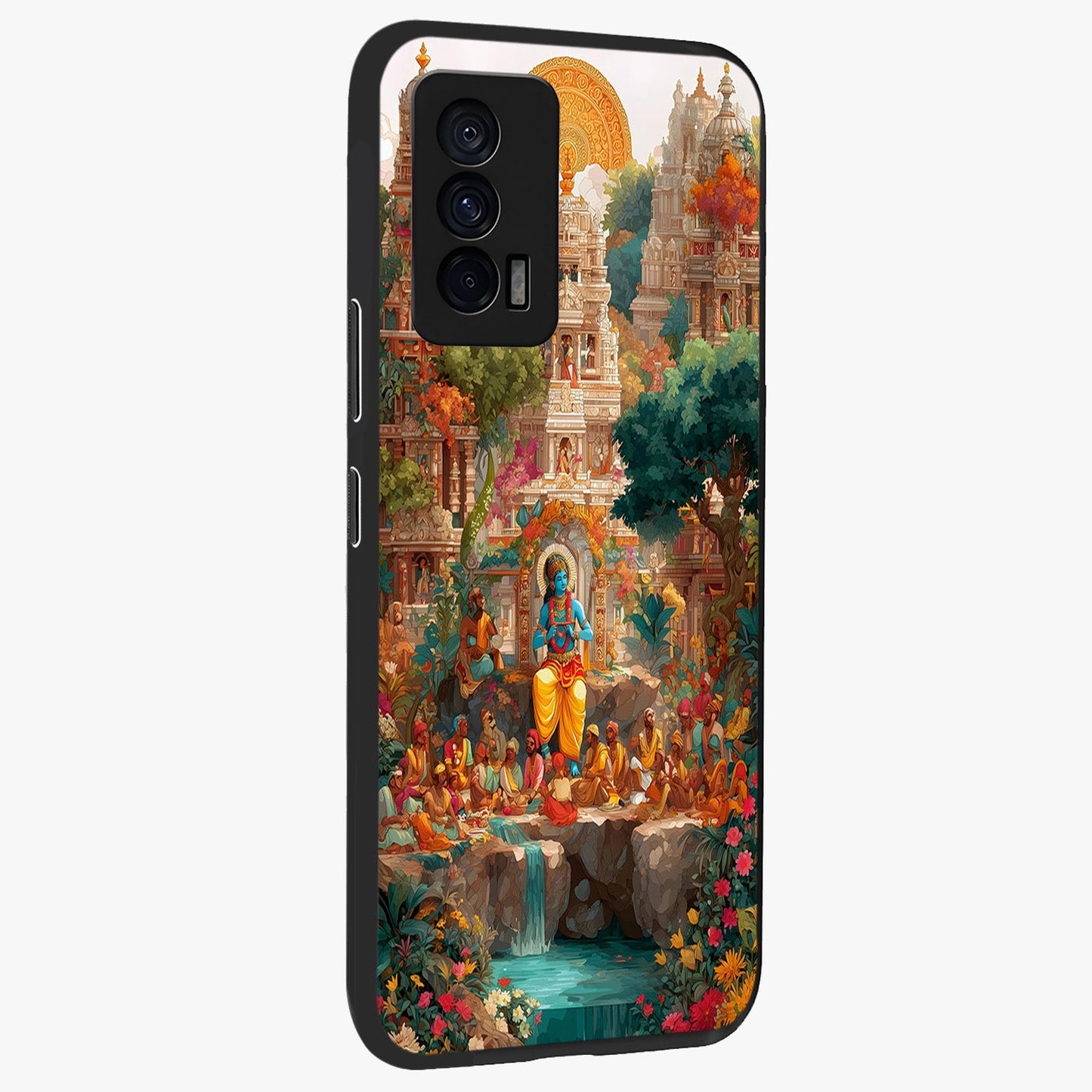 Sacred Sunlight Gods Glass Case upright view showcasing glowing divine artwork with sacred mythological theme.