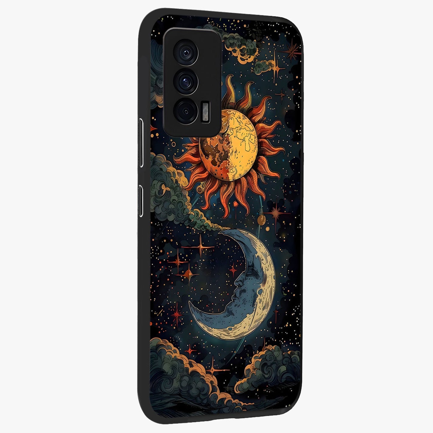 Sun And Moon Magic Design Glass Case upright view showcasing decorative sun and moon artwork with spiritual celestial theme.