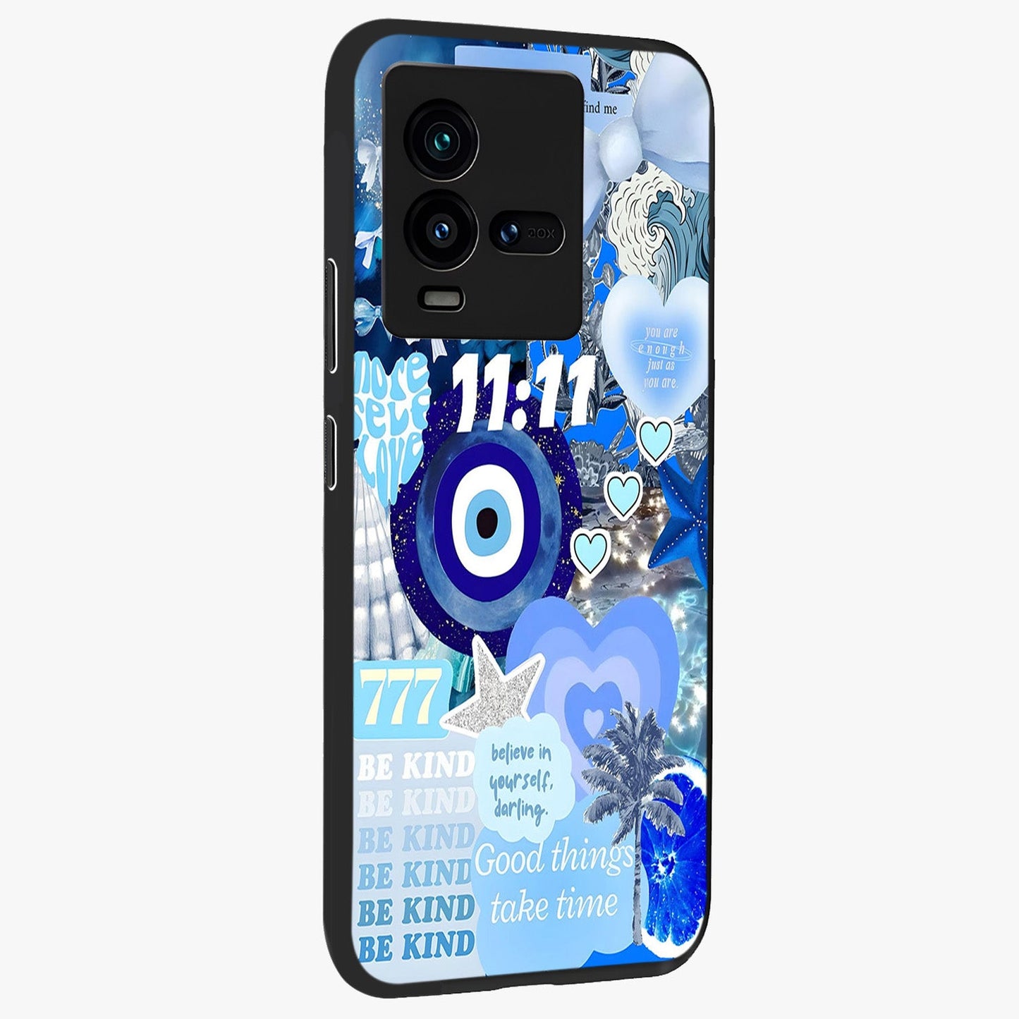 Aesthetic Be Kind Eye Glass Case upright view showcasing stylish eye illustration with positive message theme.