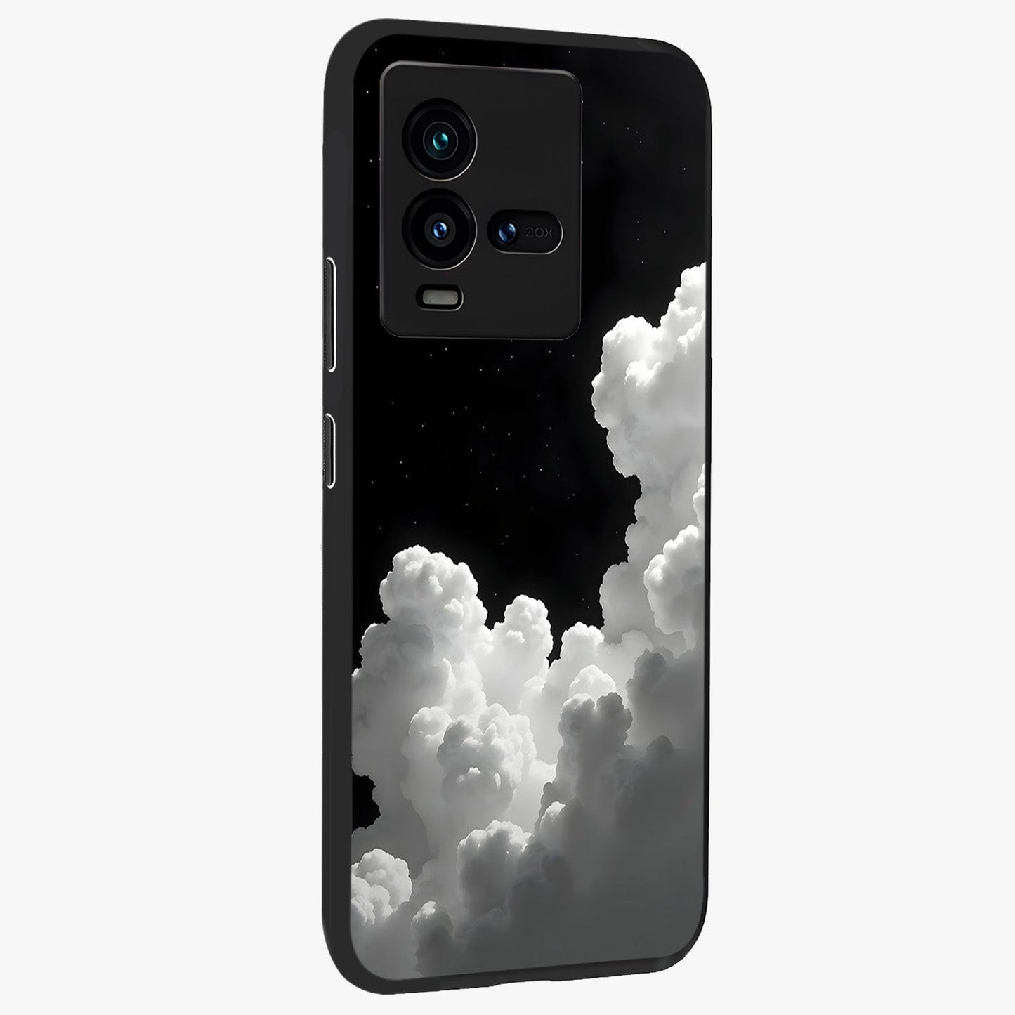 Black Background With White Cloud Glass Case upright view showcasing calm cloud aesthetic with modern minimal style.
