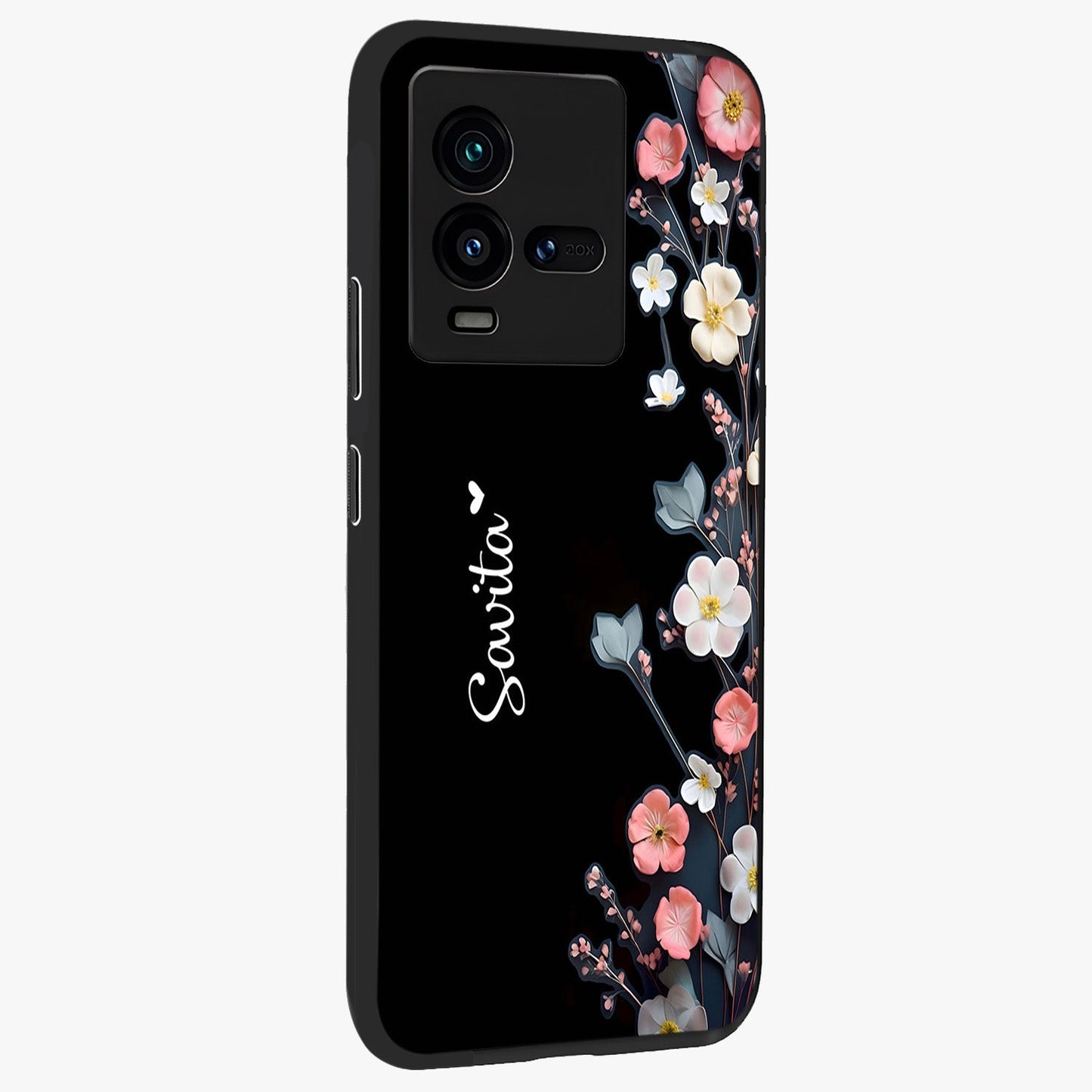 Black Elegance Floral Custom Name Glass Case upright view showcasing luxurious black floral design with personalized name detail.