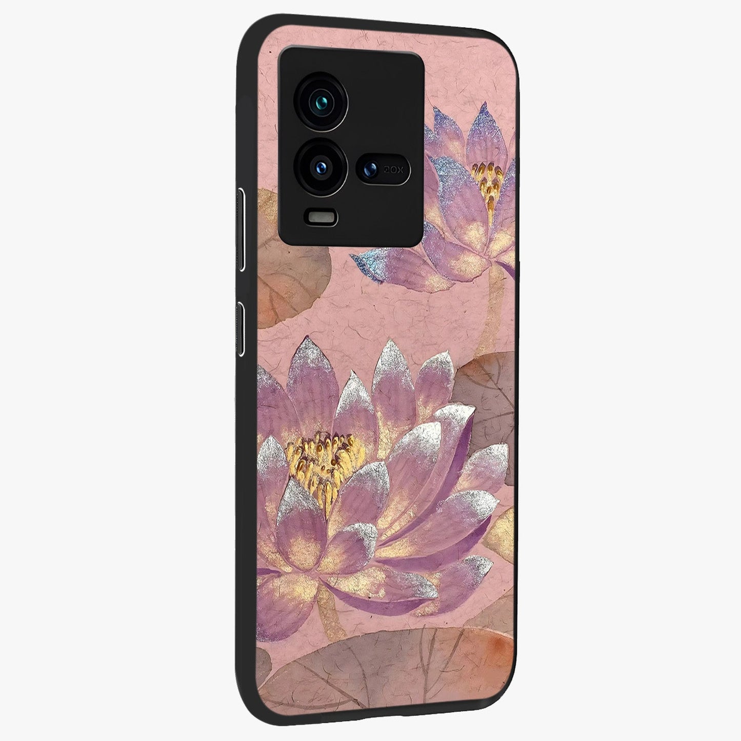 Blossom Mist Lotus Glass Case upright view showcasing graceful lotus flower design with peaceful botanical style.