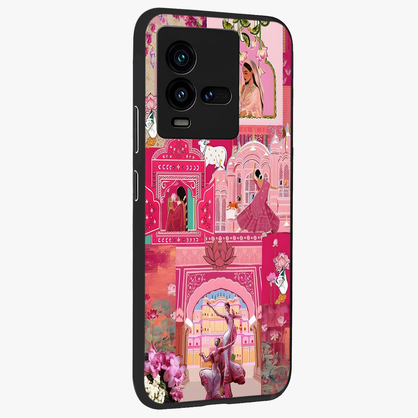 Blossoms of Rajasthan Glass Case upright view showcasing colorful floral design inspired by traditional Indian art.
