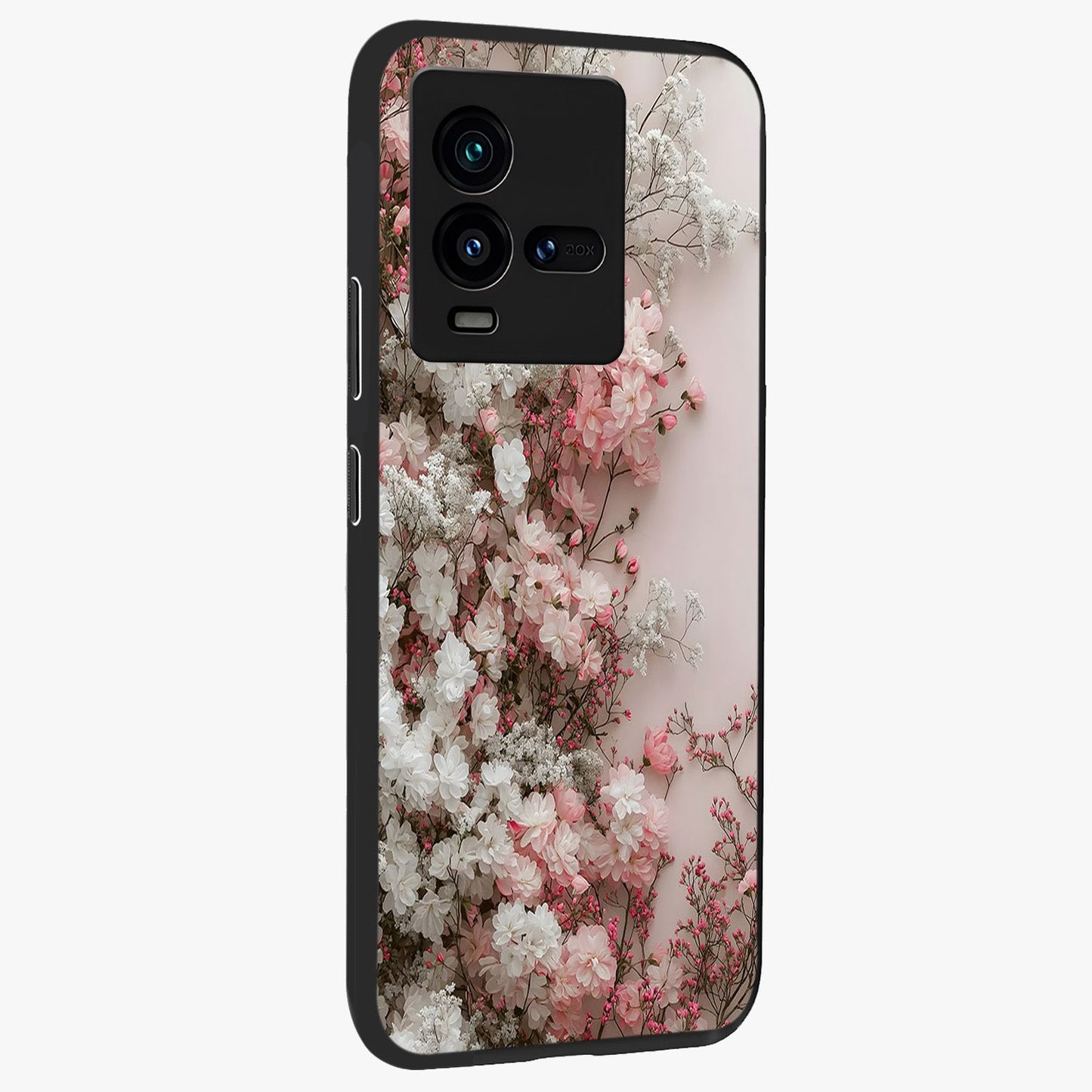 Blush Blossom Cloud Glass Case upright view showcasing calm floral cloud artwork with gentle dreamy theme.