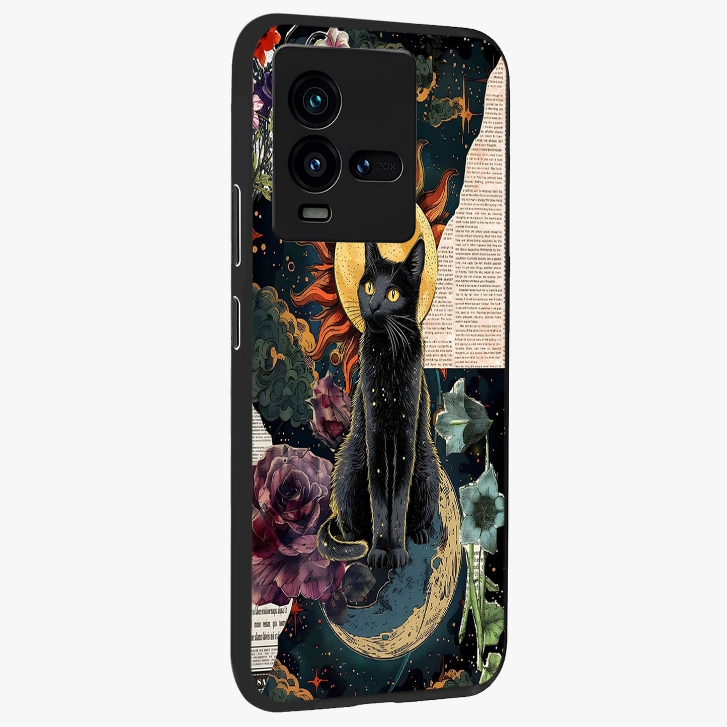 Celestial Black Cat Glass Case upright view showcasing magical black cat illustration with starry cosmic theme.