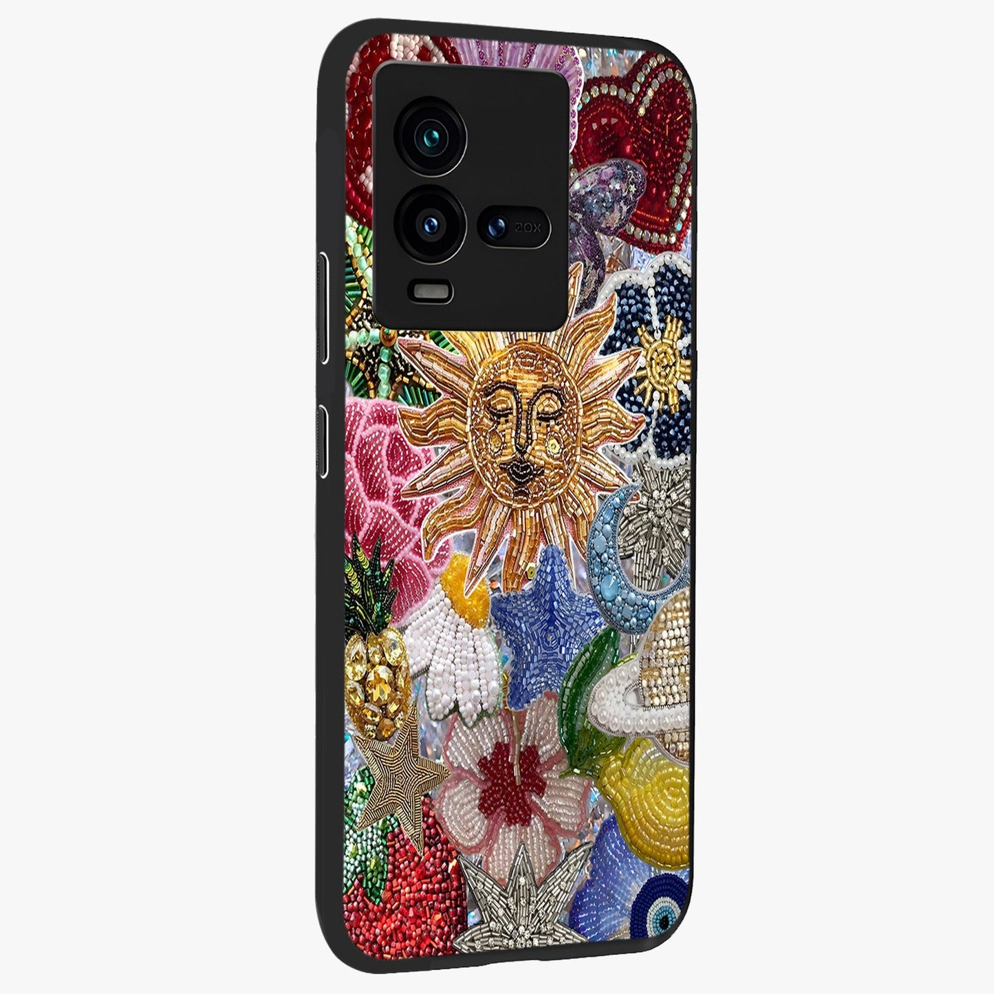 Celestial Floral and Playful Glass Case upright view showcasing whimsical floral artwork with cosmic aesthetic theme.