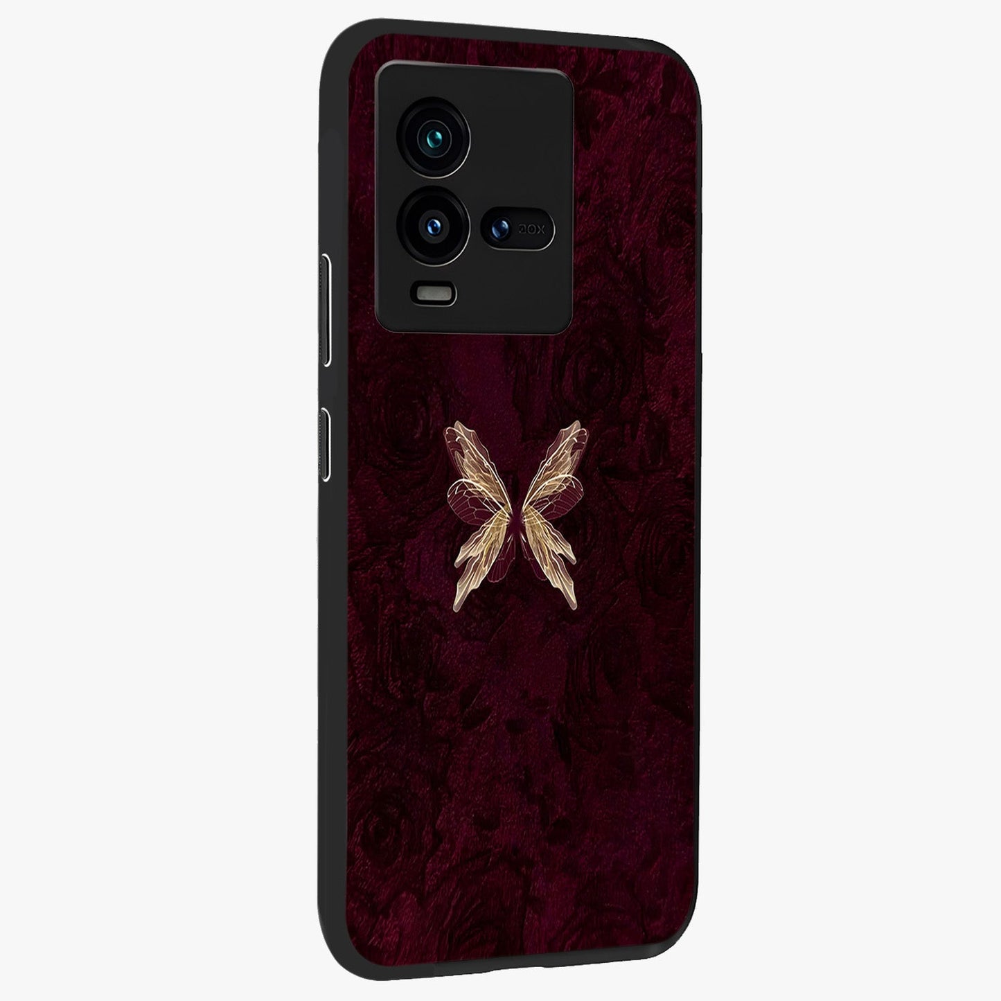 Crimson Fade Butterfly Glass Case upright view showcasing graceful butterfly artwork with soft crimson fade effect.