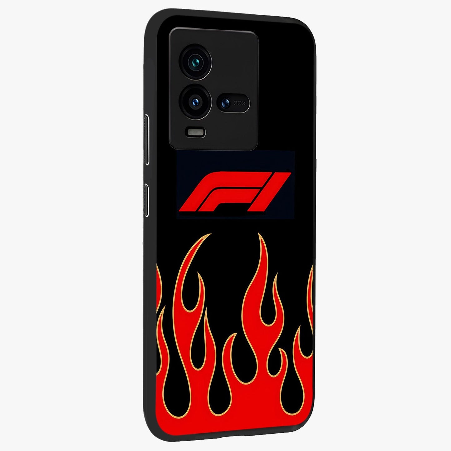 Fire F11 Glass Case upright view showcasing dynamic flame artwork with intense visual theme.
