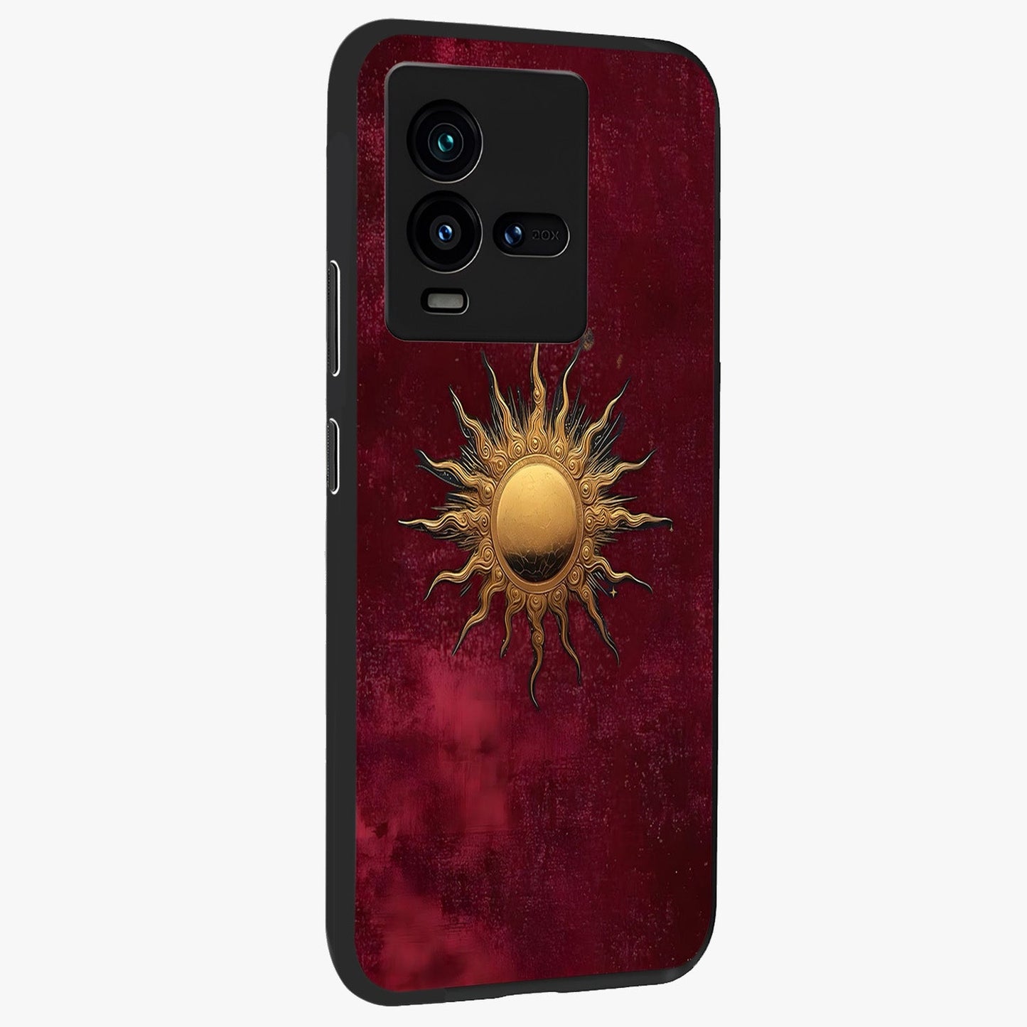 Golden Sun Minimalism Glass Case upright view showcasing simple golden sun artwork with elegant minimalist style.