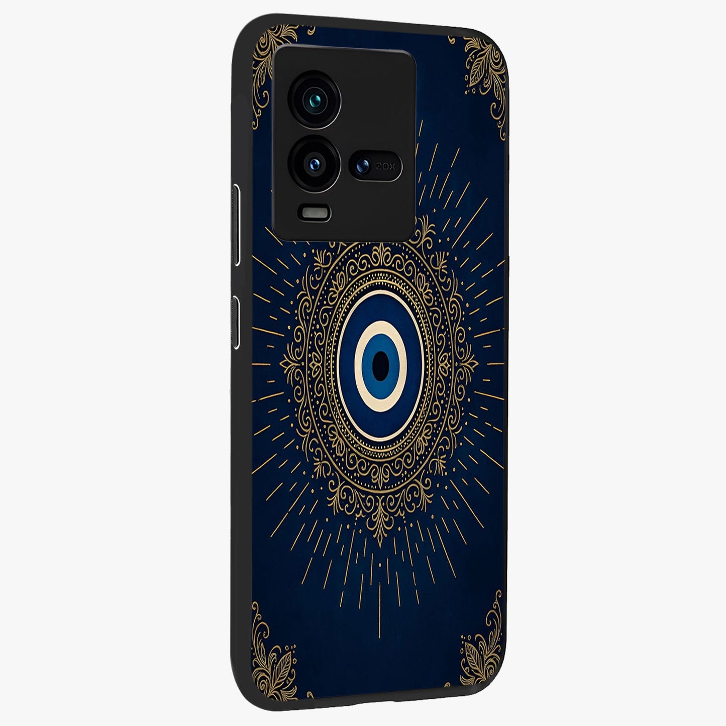 Golden Celestial Charm Glass Case upright view showcasing radiant celestial artwork with elegant golden theme.