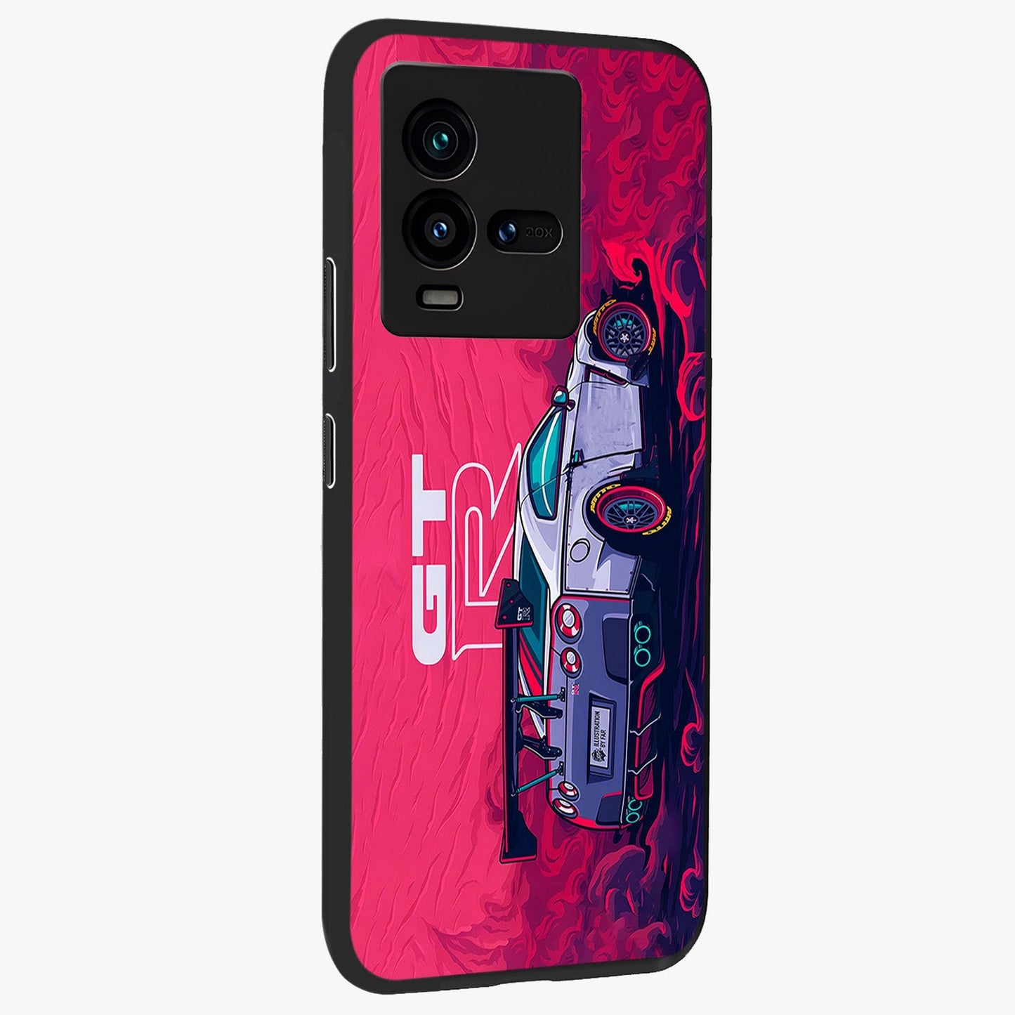GT-R Car Pattern Glass Case upright view showcasing dynamic car pattern artwork with modern sports theme.
