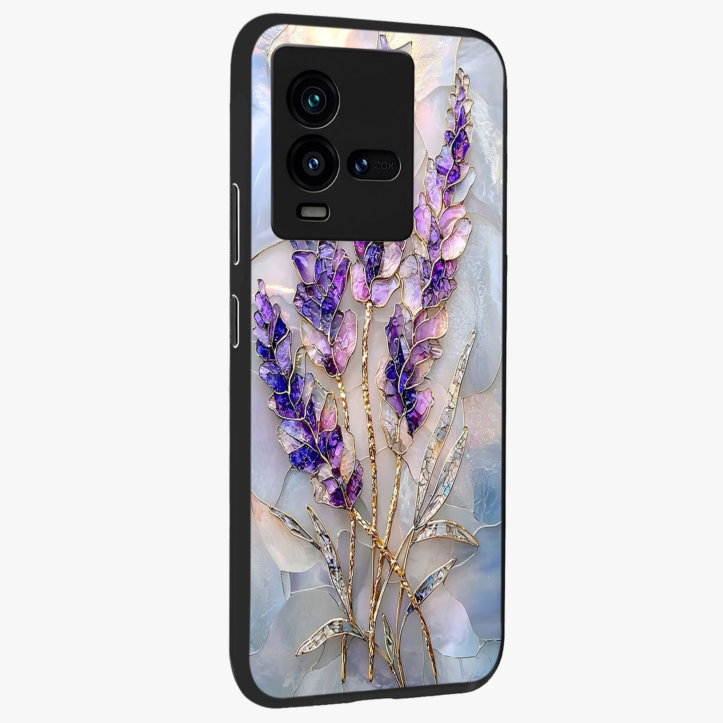 Lavender Dream Glow Glass Case upright view showcasing radiant lavender glow artwork with calming dreamy theme.