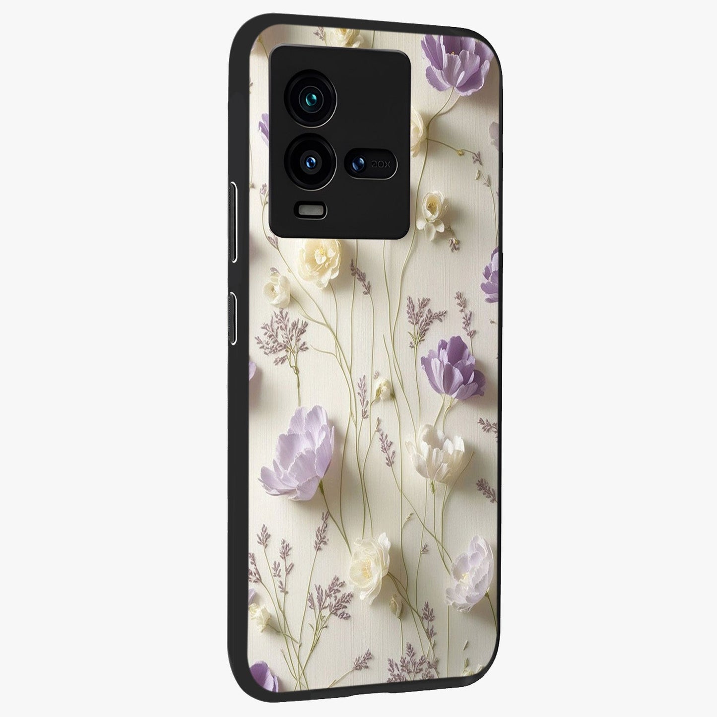 Lilac Breeze Harmony Glass Case upright view showcasing delicate lilac artwork with peaceful floral theme.