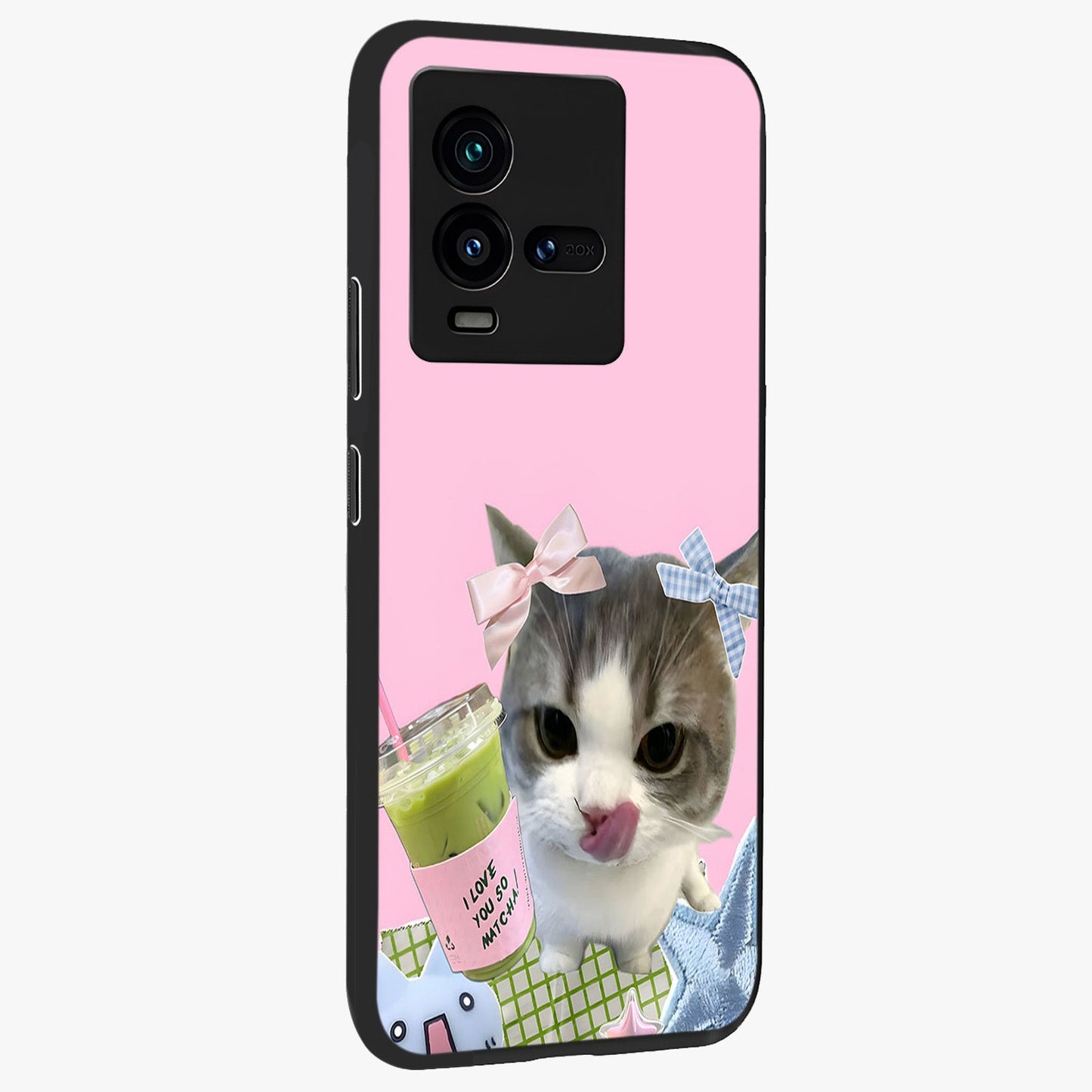 Love Matcha Cat Glass Case upright view showcasing adorable cat artwork with charming matcha themed design.