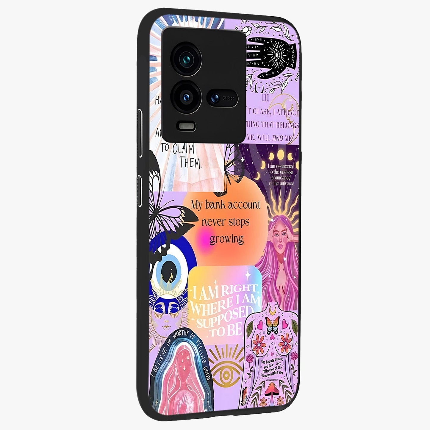 Manifestation Collage Glass Case upright view showcasing artistic manifestation themed artwork with creative style.