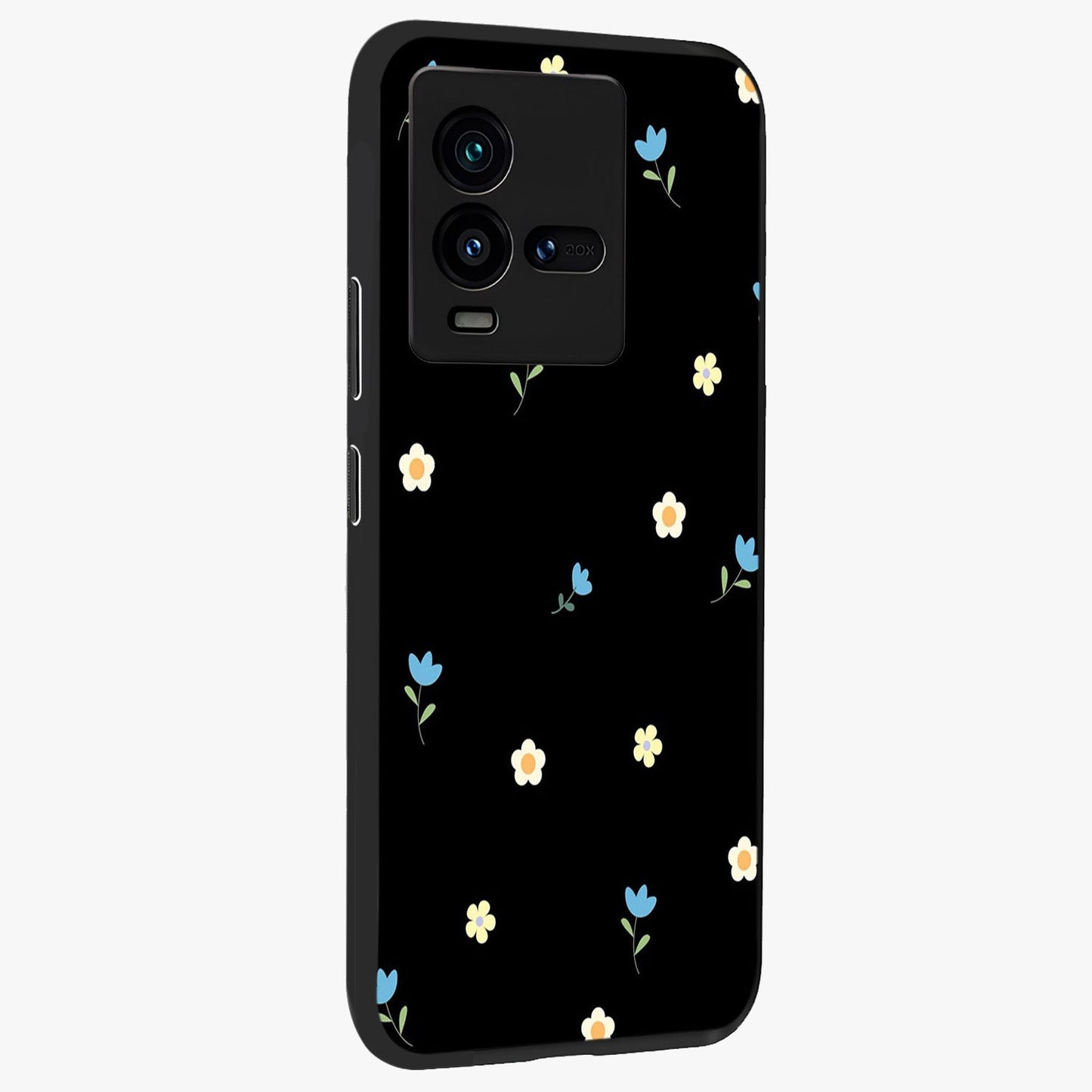 Minimal Petal Whispers Glass Case upright view showcasing elegant floral artwork with modern minimalist style.