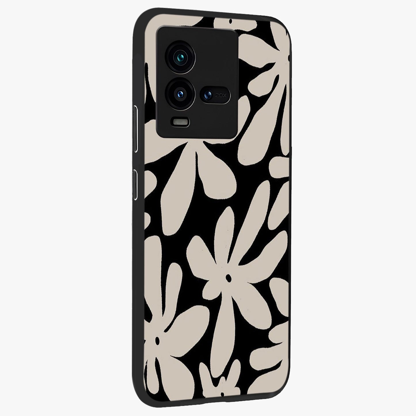 Monochrome Petal Dance Glass Case upright view showcasing artistic floral pattern with stylish monochrome theme.