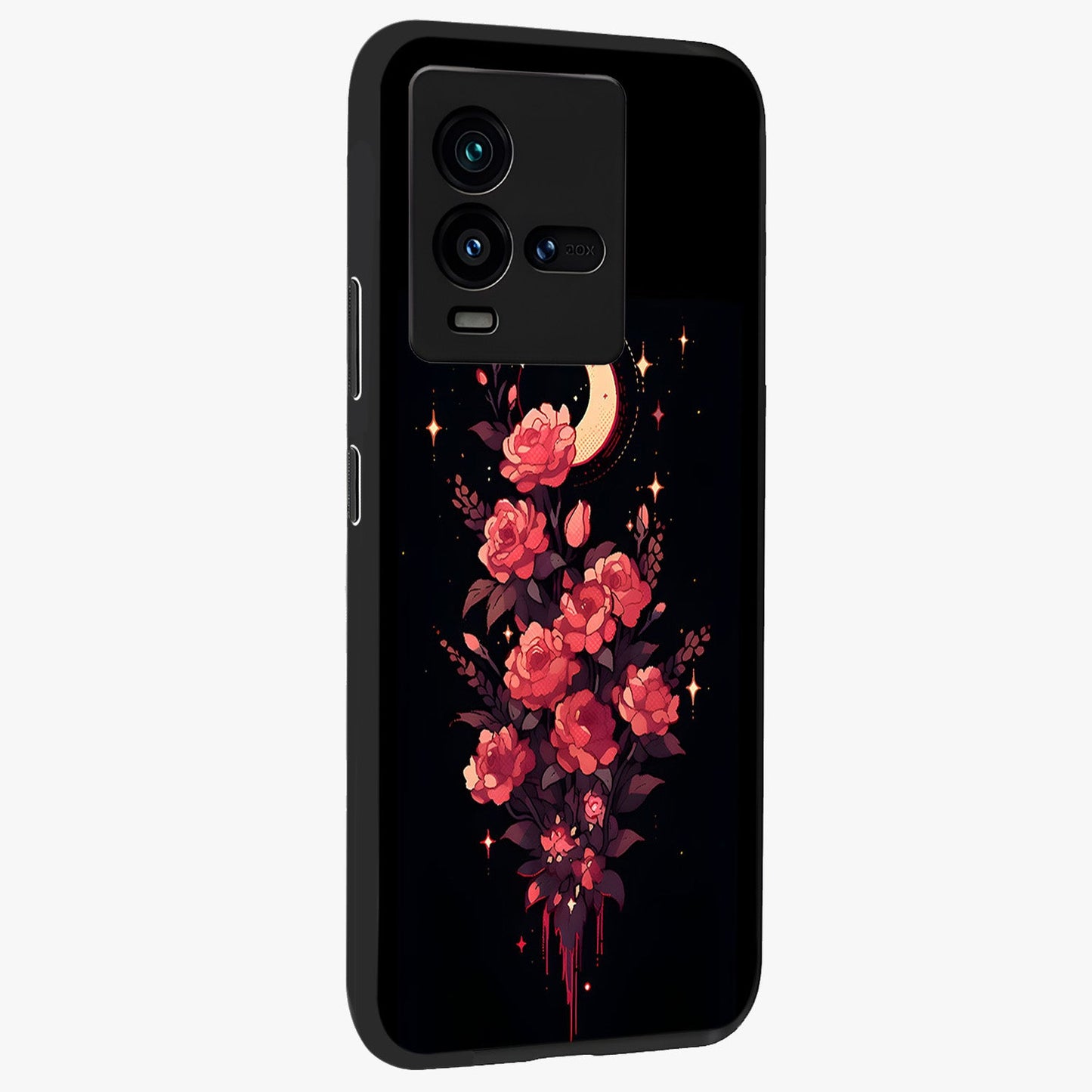 Moonlit Floral Elegance Glass Case upright view showcasing delicate floral artwork with refined night inspired theme.