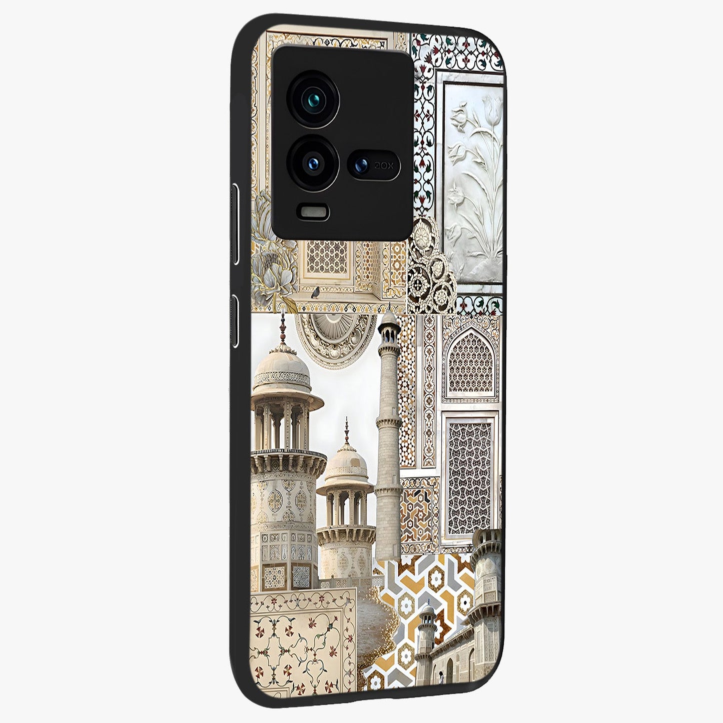 Mughal Marble Legacy Glass Case upright view showcasing ornate Mughal design with luxurious traditional theme.