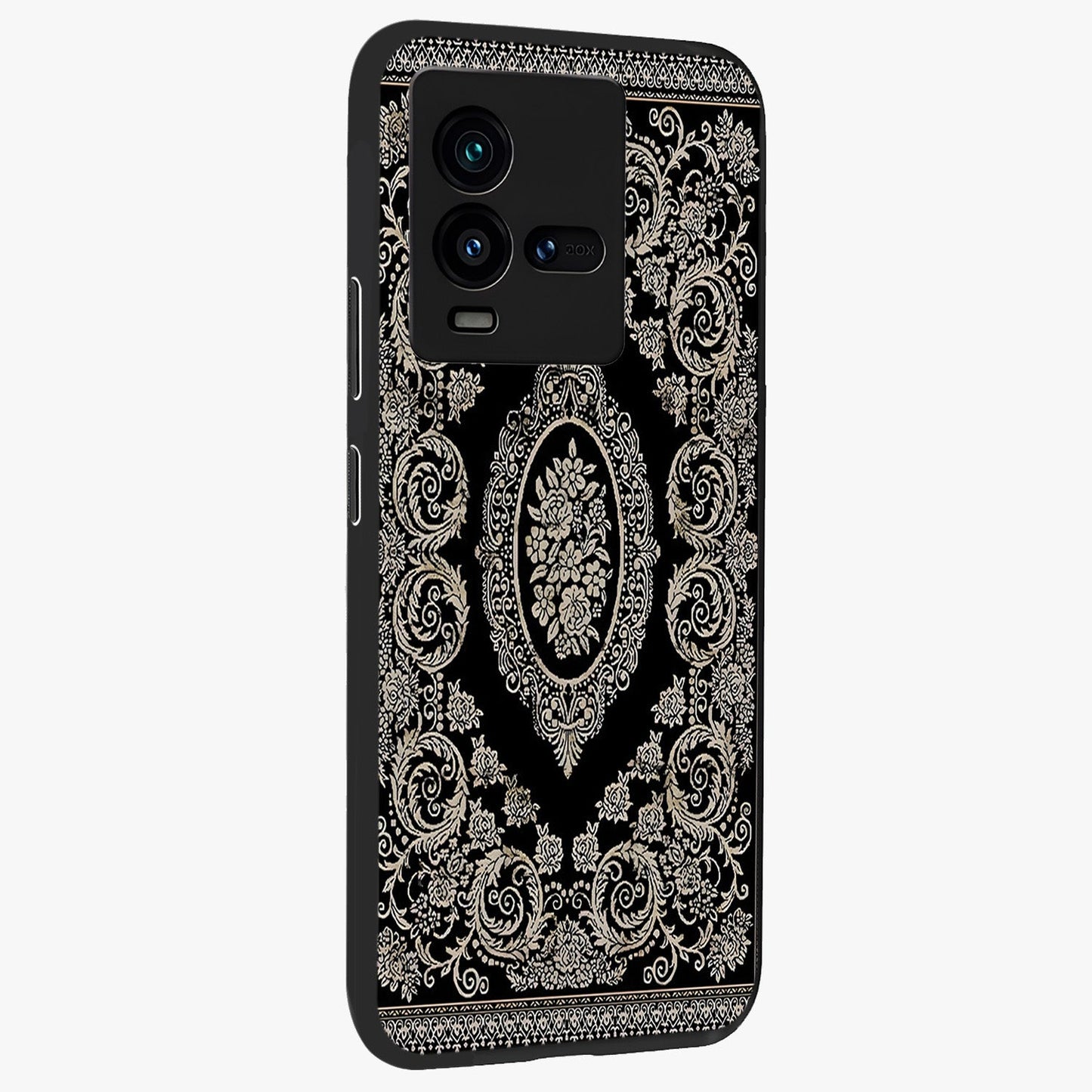 Noir Bloom Elegance Glass Case upright view showcasing graceful floral artwork with luxurious dark theme.